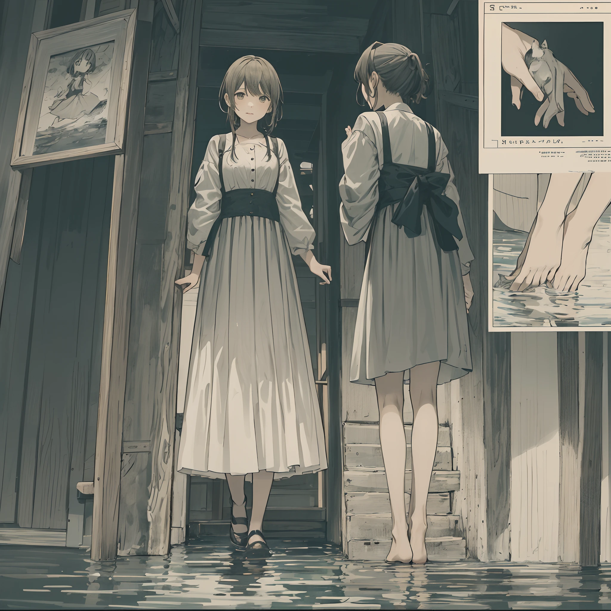 A storyboard of a short anime about a mysterious one-headed creature and a girl who picked it up, Number the frames from 1 to 6 in the order of reading from top left to bottom right, Frame 1: A forest scenery where the girl and the creature meet, Frame 2:A back view of the girl walking with a basket, Frame 3: A top view of the girl walking, Frame4: A picture of the girl and the creature floating in the lake staring at each other, Frame 5: A side view of the girl's curious face looking to the left, Frame 6: A picture of the girl's hand reaching out to the creature,