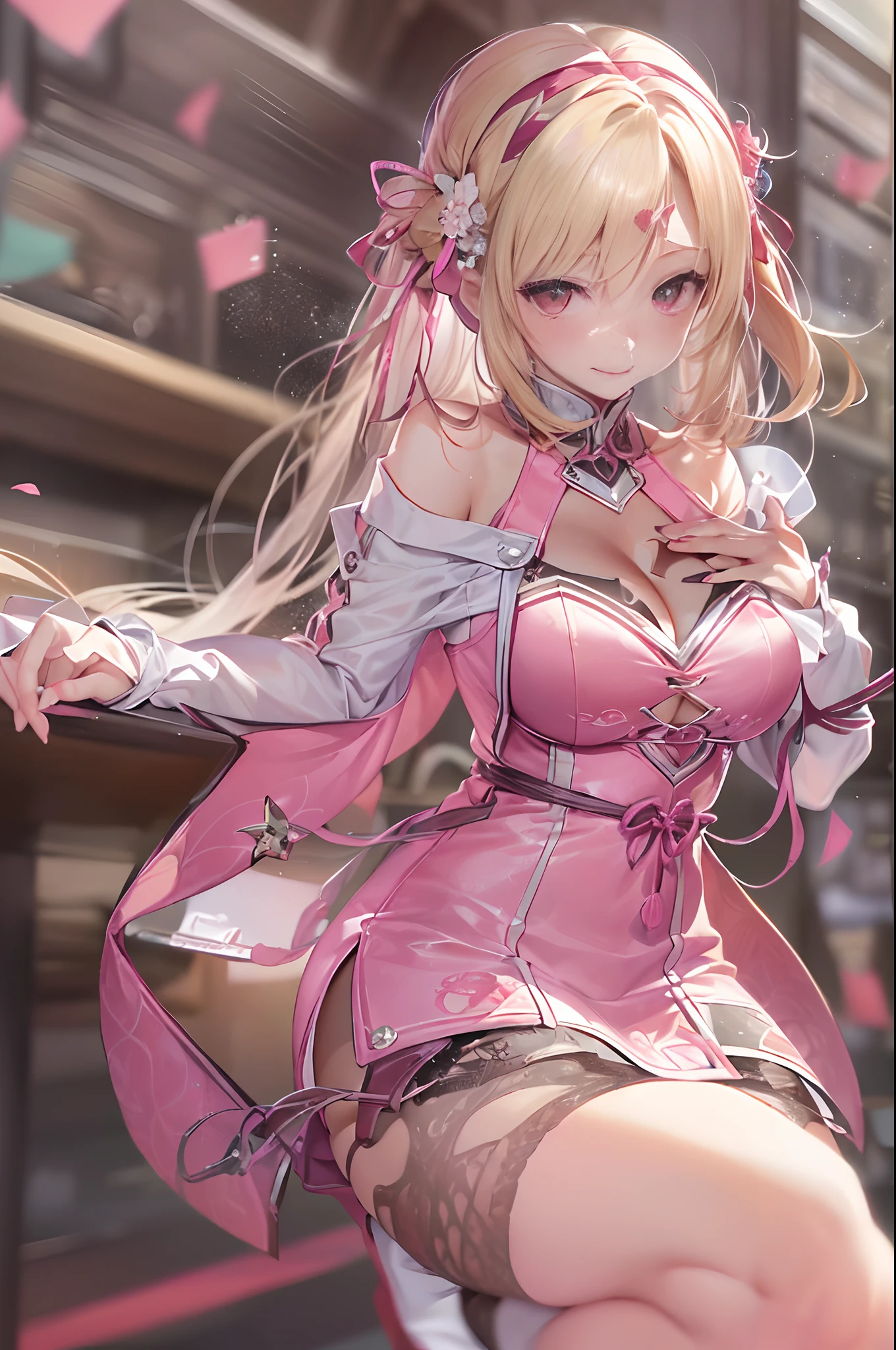 ((16ｋ,Raw photography,top-quality,hight resolution,Ray tracing,PBR Texture,Post-processing,)),(((Pink leather bondage skirt , Cute Japan anime girl,Sword Art Online,Haruka Tomatsu,long long straight blonde hair,Emphasize cleavage,bare hand,Thin leg,The number of accurately drawn fingers,Slender legs,Limbs are２There are only books)))(finerly detailed face:1.4),(​masterpiece:1.4),(top-quality:1.4), Beautiful fine skin,(cute little:1.5),(Complex fishnet stockings),pin heels,Leather luster 3.0,Beautiful skin,(Bodycon with beautiful embroidery),((tthin eyebrows,long eyelashes,smil,二重まぶた,)),(((No title required,Don't write,No letters))),Do not wear anything on your shoulders, awkward figure, activity,Create beautiful light effects on the background、Create a confetti effect on the background,