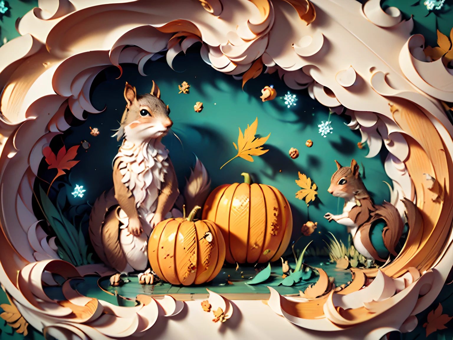 （Thanksgiving landscape depiction, pumpkins，Maple leaves，Lodge，blue-sky，baiyun，The beauty of autumn),(squirrels:1.5),(paper art, Quilted paper art:1.2, geomerty:1.1, zentangle,a 3D render), （tmasterpiece：1,2），best qualityer，extremely detailed CG  8k wallpaper，best qualityer，A high resolution，Original，extremelydetailedwallpaper，
