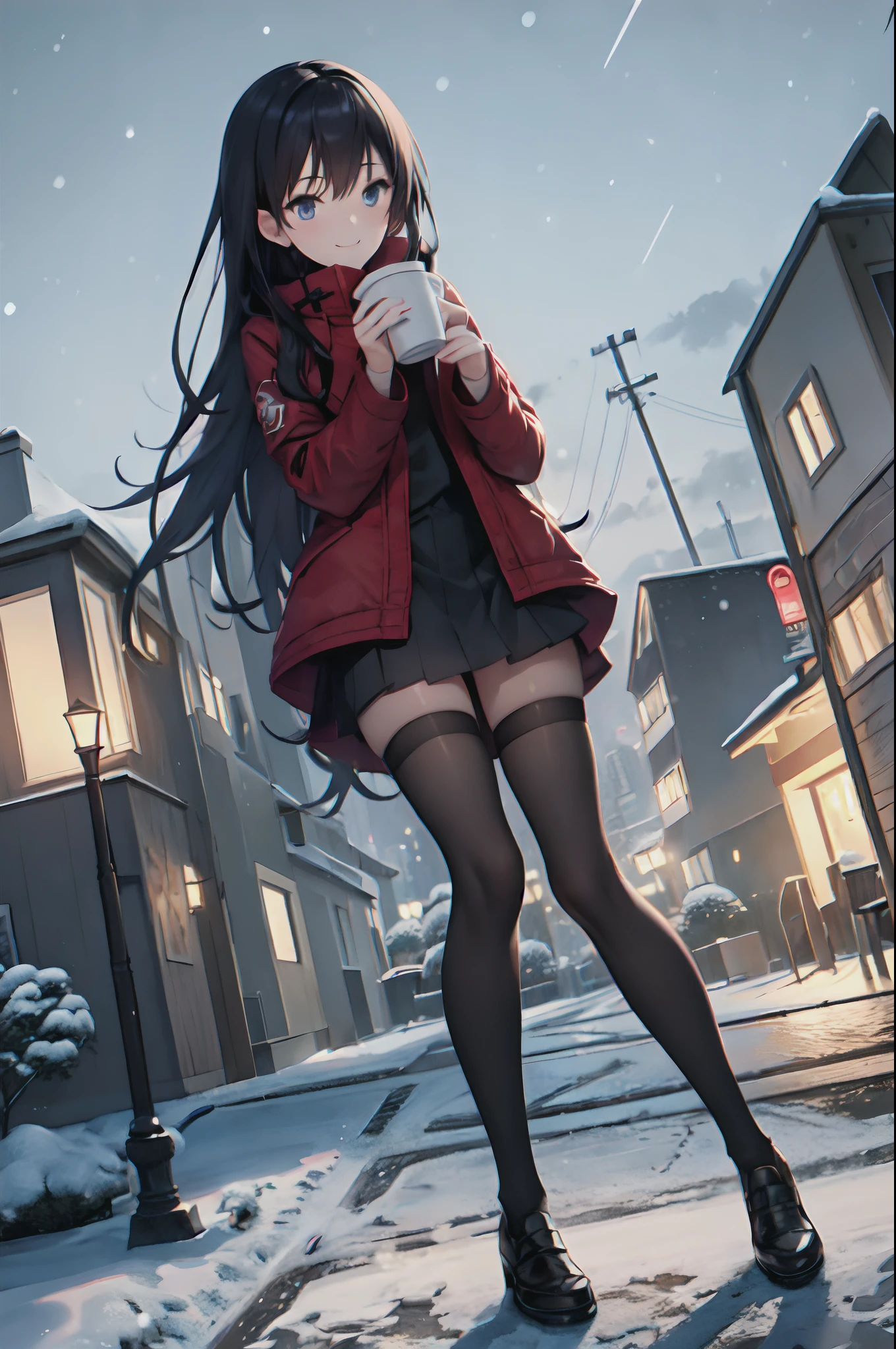 1girl, winter, Holding a cup of coffee, red jacket, upskirt, black tights, Ultra Detailed, Background, black hair, blue eyes, Smile, snowing, straight hair, detailed legs