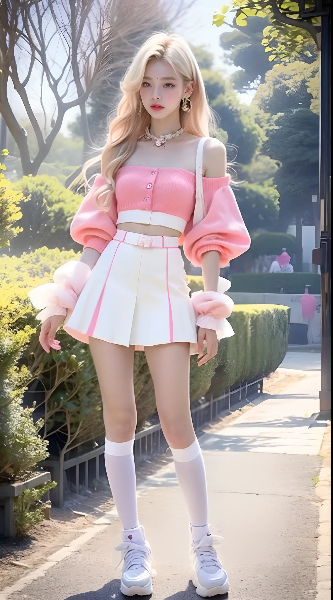 Woman, y2k outfit, 90s, main color white, pink color scheme, blonde long hair, lively themed park atmosphere, pale skin, pale skin