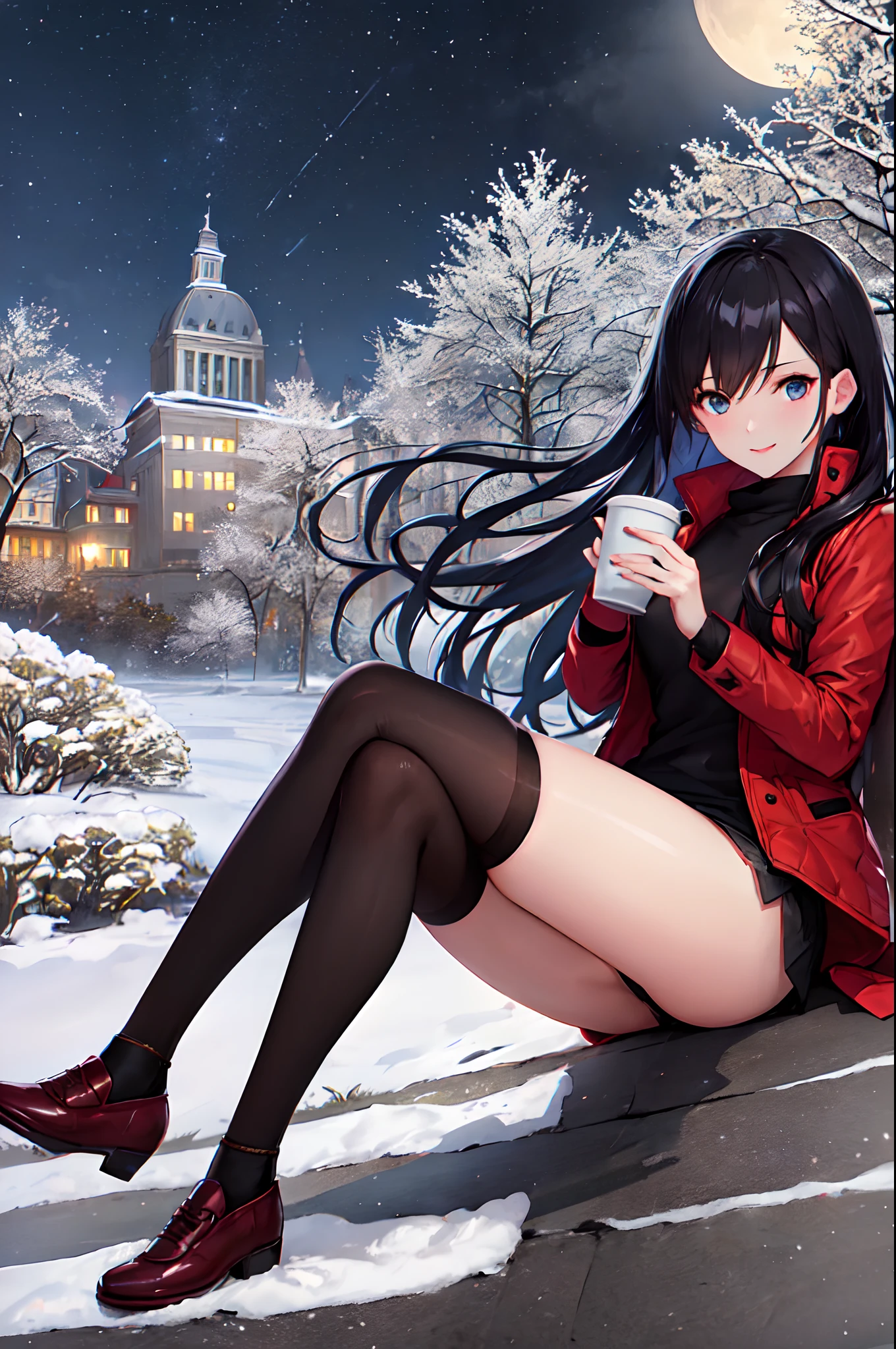 1girl, winter, Holding a cup of coffee in your hands, red jacket, Upskirt, black tights, Ultra Detailed, Background, black hair, blue eyes, Smile, snowing, straight hair, detailed legs, octans, skye, Star(skye), scenery, Starry sky, night time, night sky, exteriors, building, Cloud, the Milky Way, sitting, a tree, City, silhouette, urban landscape, moon light