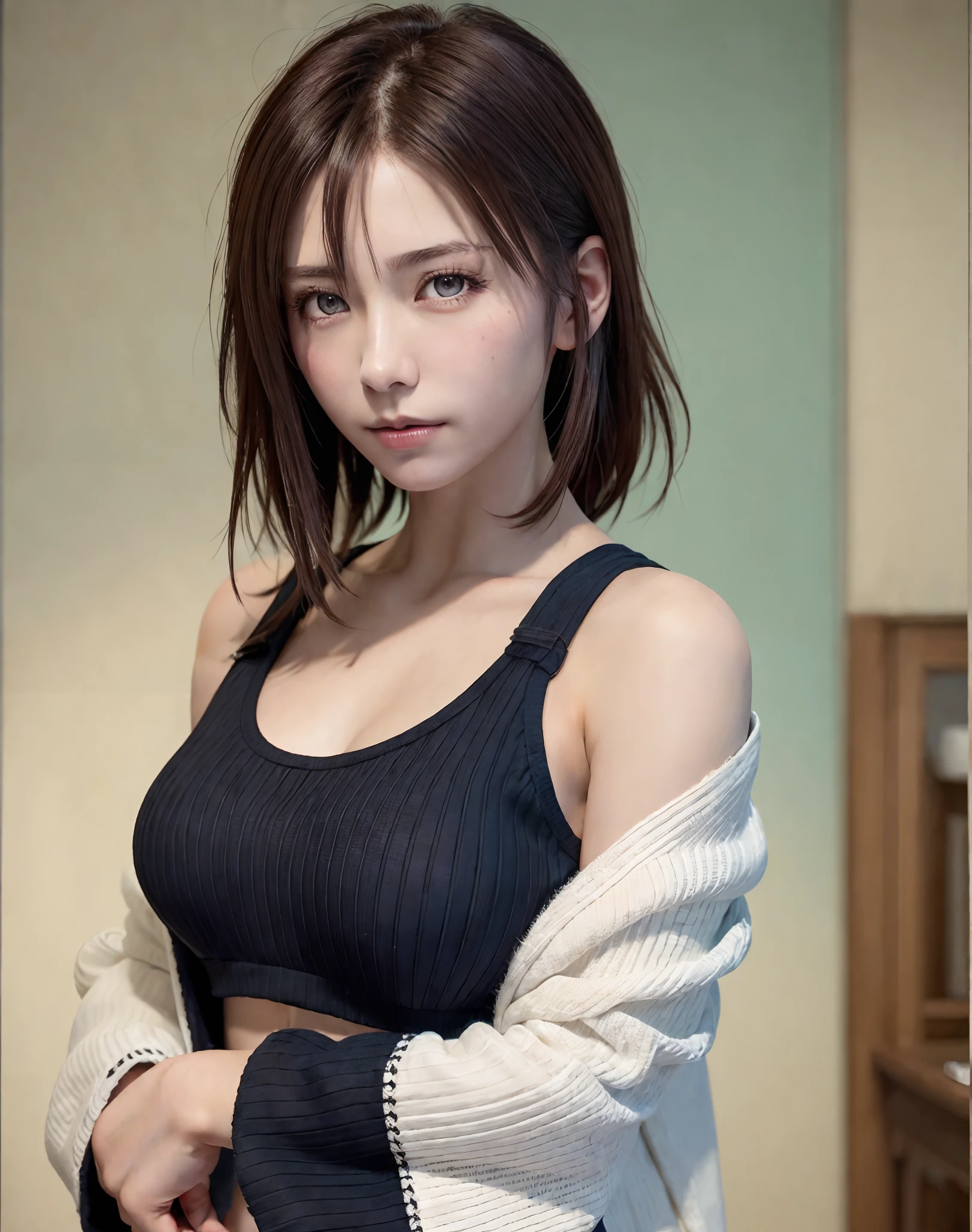 high quality picture, masutepiece, detailed hair texture, Detailed skin texture, Detailed Cloth Texture, 8K, Add fabric details, ultra detailed skin texture, ultra detailed photographic, Skin pores, Portrait of a girl, wearing tank top,