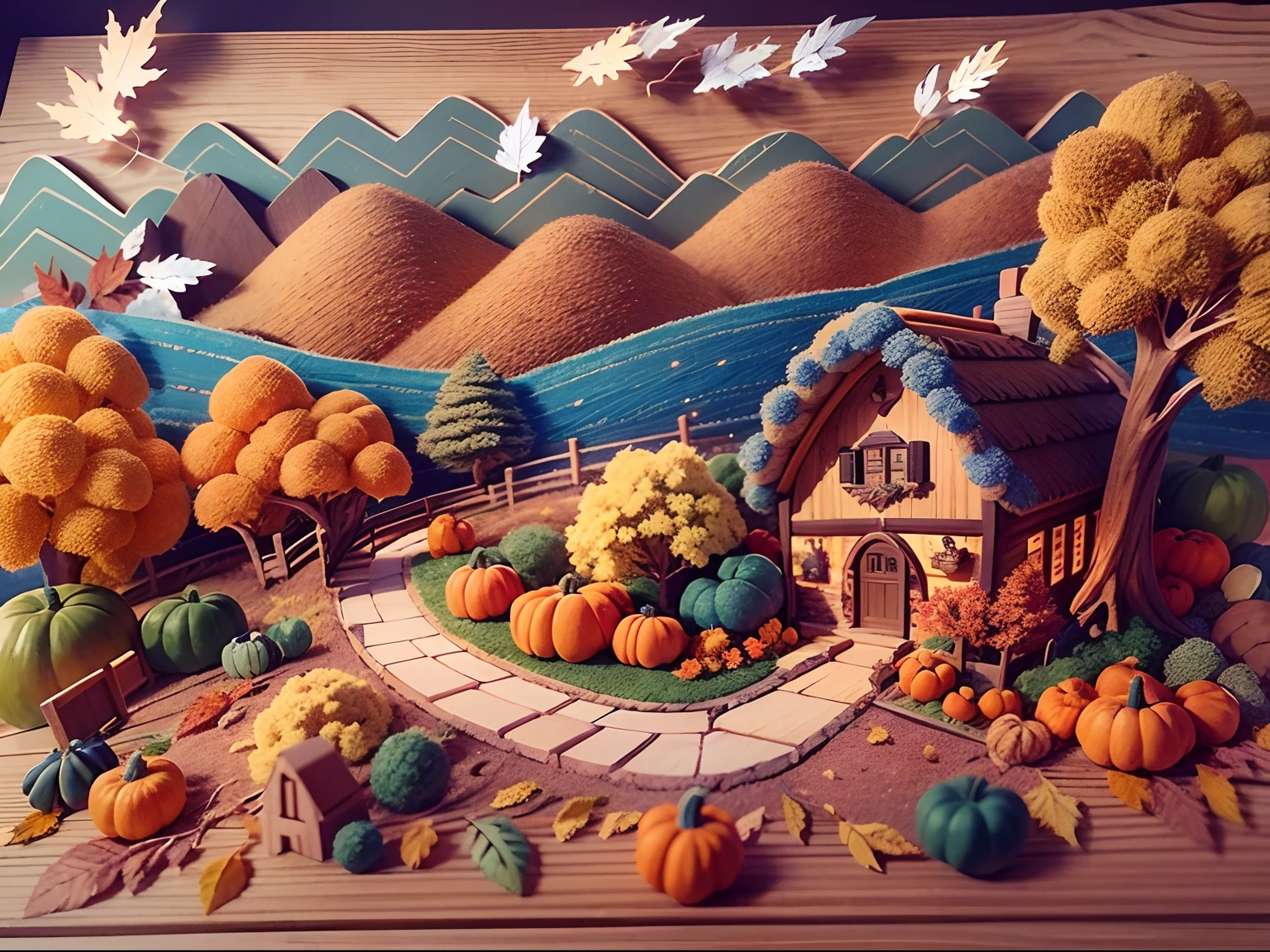 (Thanksgiving landscape depiction, pumpkins,maple leaves,Lodge,blue-sky,baiyun,The beauty of autumn,The cute world of felt:1.4),(Illustration art:1.3,wool felt art:1.3,wool felt:1.2),(reasonable design,Clear lines,High clarity,The best quality,The is very detailed,tmasterpiece,movie light effect,4K)