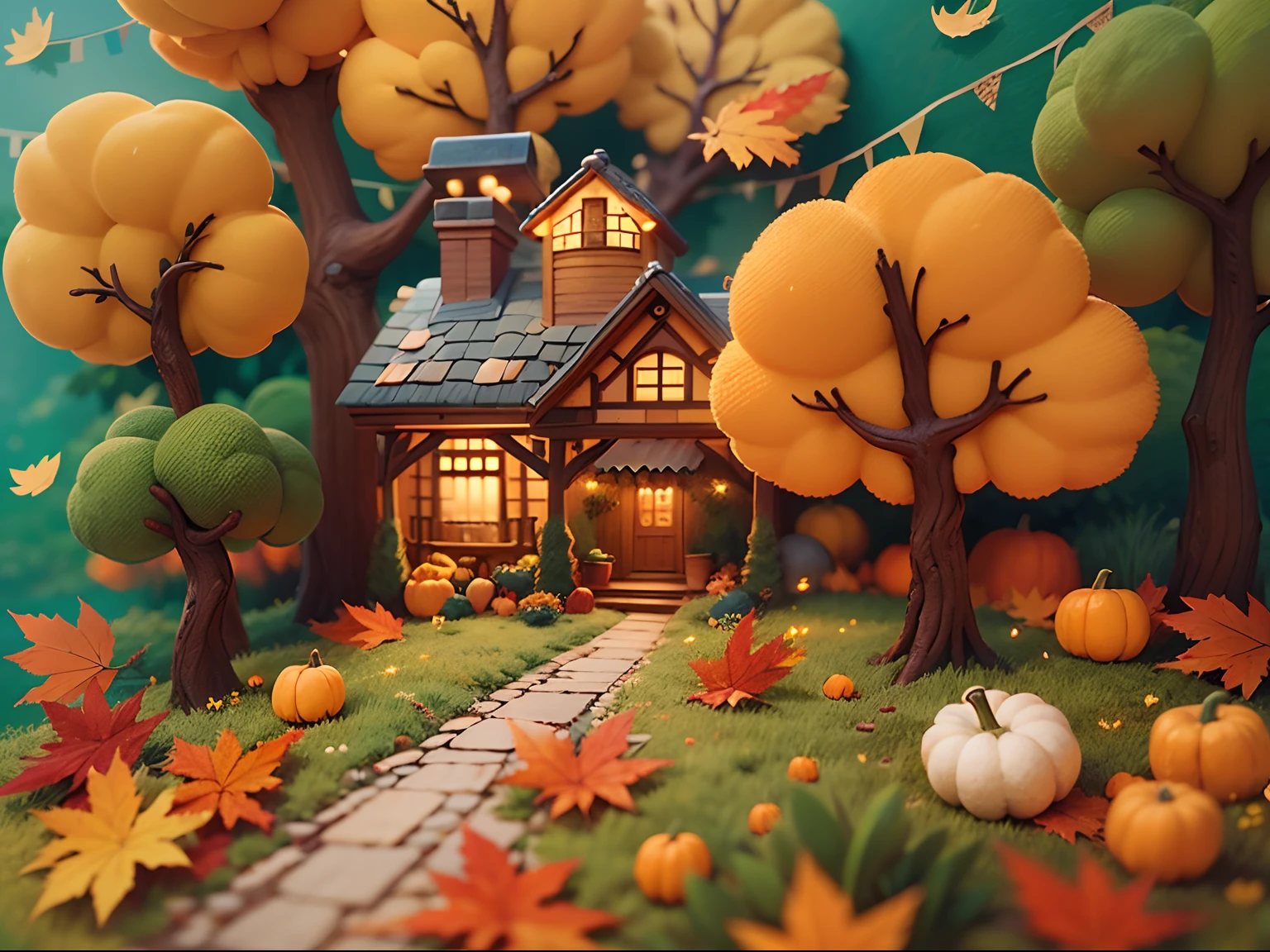 (Thanksgiving landscape depiction, pumpkins,maple leaves,Lodge,blue-sky,baiyun,The beauty of autumn,The cute world of felt:1.4),(Illustration art:1.3,wool felt art:1.3,wool felt:1.2),(reasonable design,Clear lines,High clarity,The best quality,The is very detailed,tmasterpiece,movie light effect,4K)