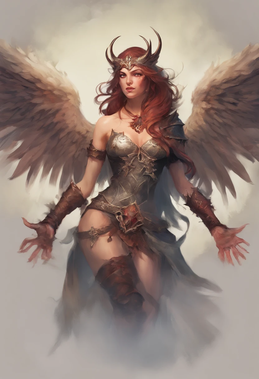 (best quality,ultra-detailed,realistic:1.37),(HDR,UHD,studio lighting),flying snarling harpy,claws dripping with blood,bestial wings and horns but vaguely sexual female human,portraits,dungeons and dragons enemy portrait