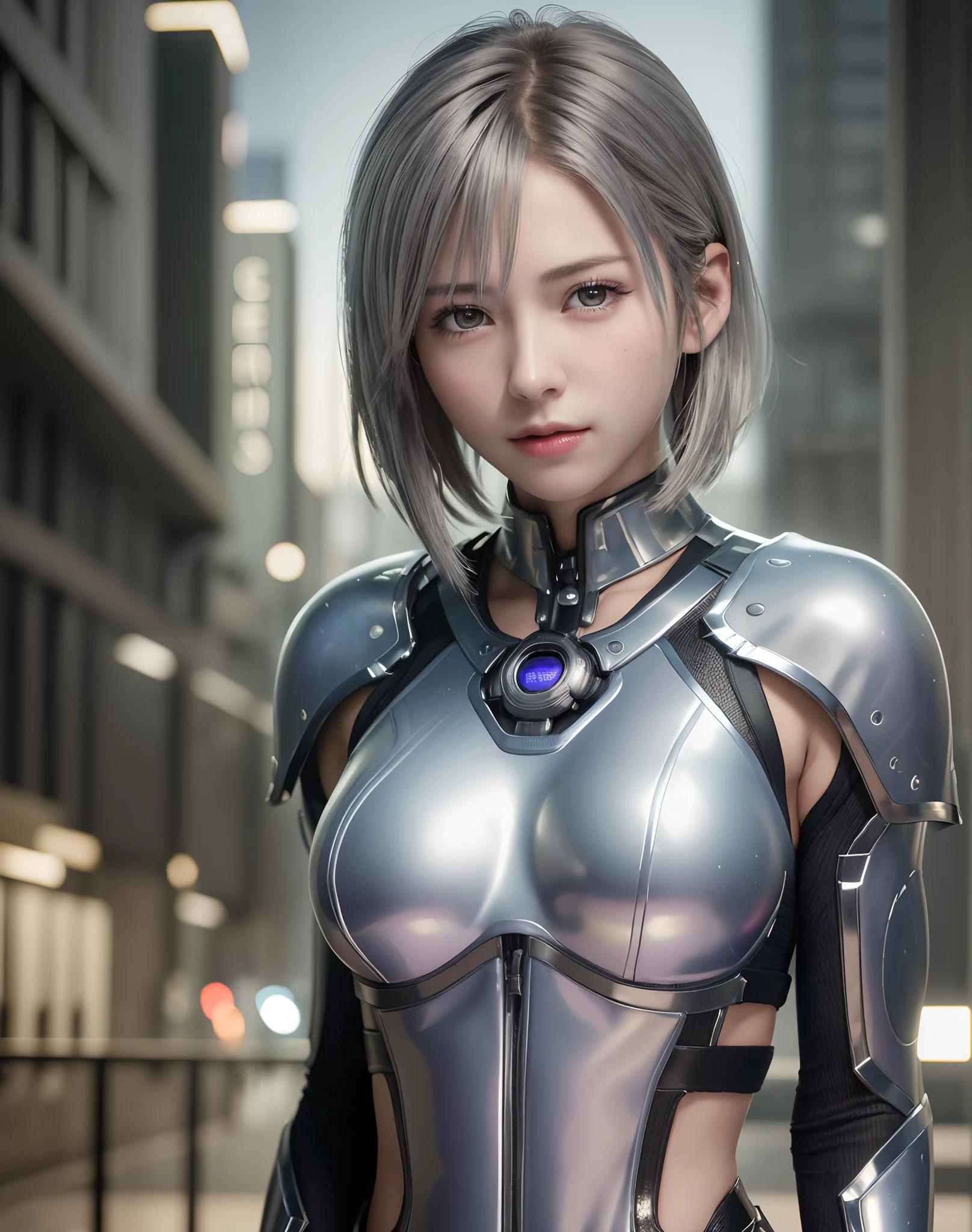 (8K, Photorealistic, Raw photo, of the highest quality: 1.3), (1girl in), Super beautiful, (Realistic face), (boyish, Silver Color Berry Shorthair), Beautiful cyberpunk suit, Glare that captivates the viewer, Beautiful expression, Beautiful breasts, (a true...