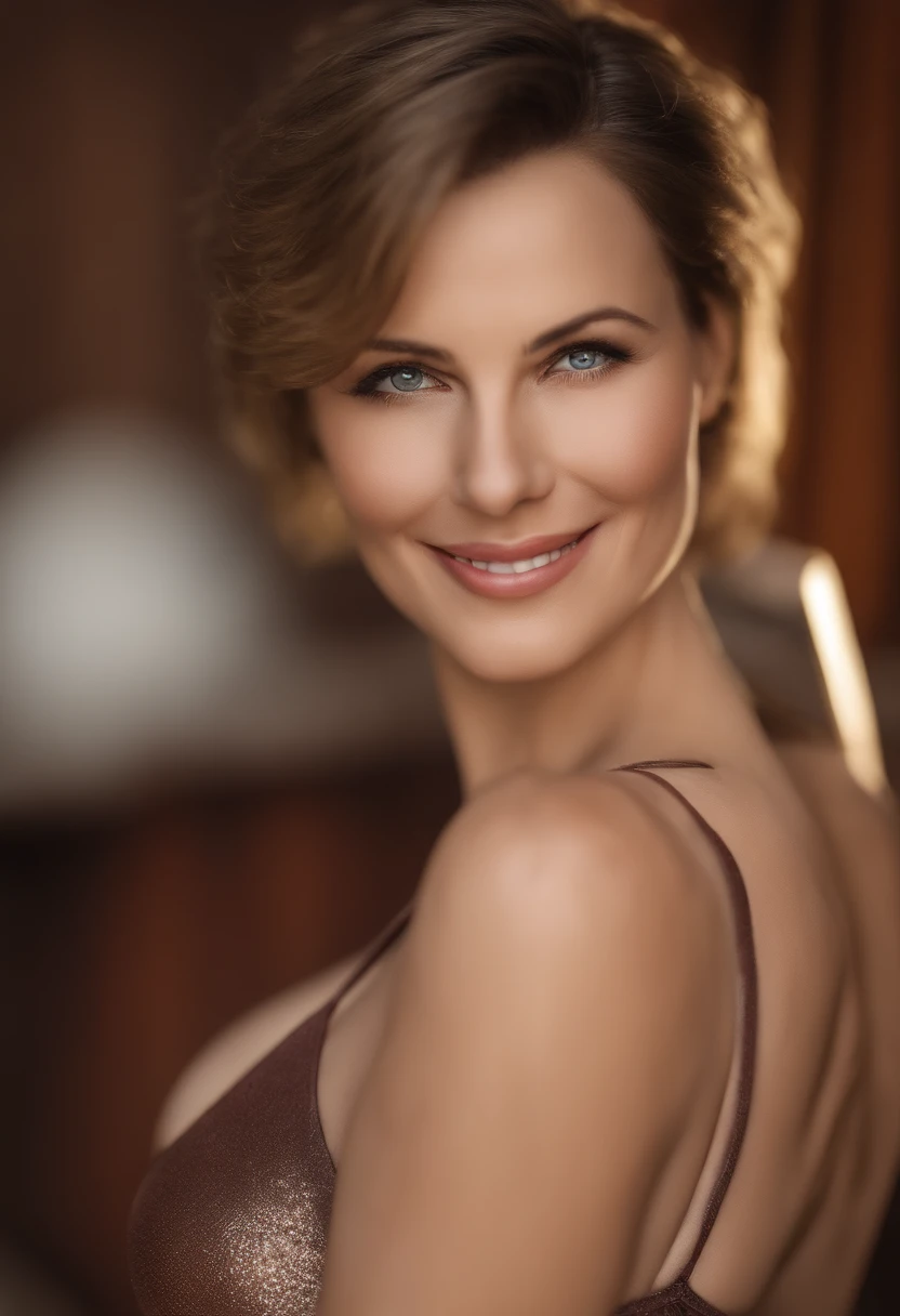 masterpiece, high quality,Photo realsitic, realistic eyes, large filesize,full color, Beautiful skins,very high resolution,very high detail, about 40 years old women, (German half) ,short hair, swimsuit , natural smile, (plump body),one person,Perfect Fingers,(T-back)