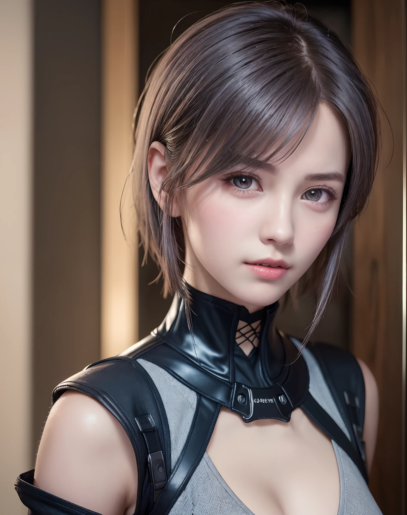 (8K, Photorealistic, Raw photo, of the highest quality: 1.3), (1girl in), Super beautiful, (Realistic face), (boyish, Silver Color Berry Shorthair), Beautiful cyberpunk suit, Glare that captivates the viewer, Beautiful expression, Beautiful breasts, (a true...