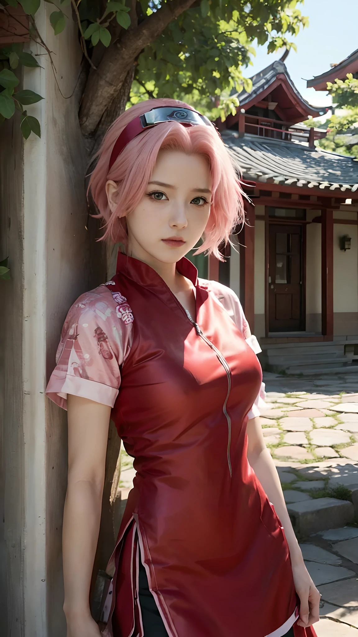 Real life adaption of this character,her name is sakura haruno from anime Naruto,she has a realistic same pink hair with a red headband, realistic same outfit, realistic same apron, beautiful korean  face, she has green eyes color, realistic light, realistic shadow, realism, hyper realistic,(photorealistic:1.2), realistic background