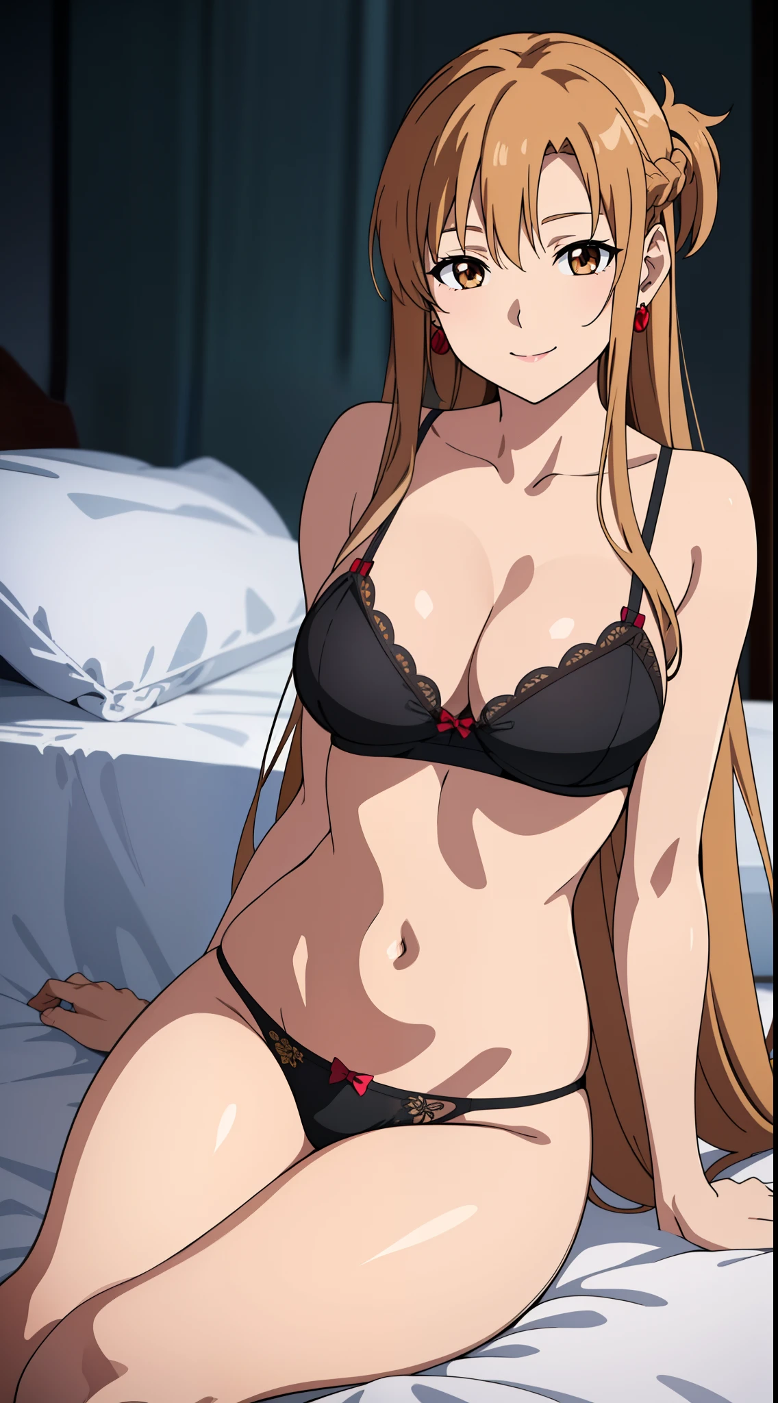 (best quality:1.5, highres, UHD, 4K, detailed lighting, shaders), asuna yuuki, light brown long hair, busty, cleavage, black bra, panties, thighs, sitting on bed, earrings, sexy, (pov, close shot), smiling, luxury bedroom background
