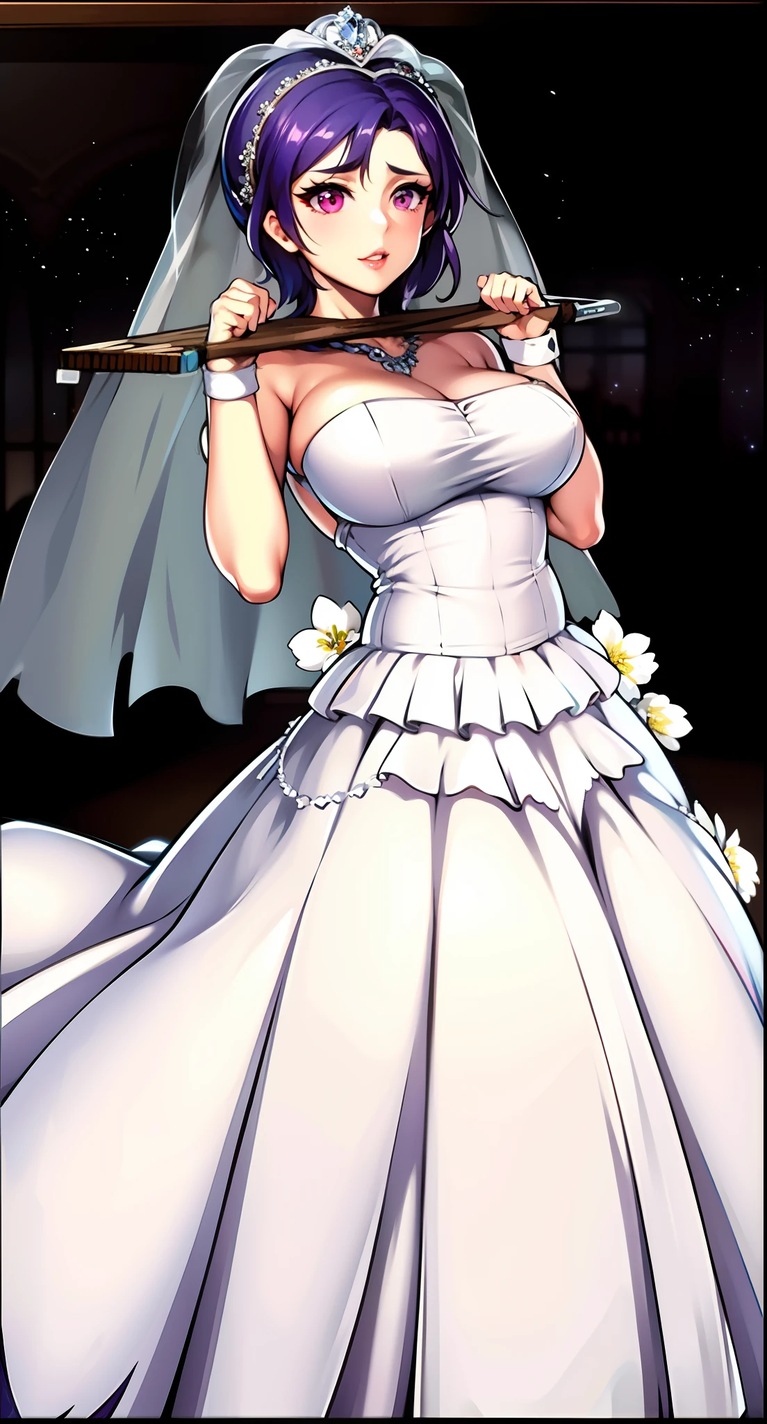 ((Masterpiece)),((Best quality)),Ultra-detailed,illustration,1girll, Purple eyes, Purple hair, hair between eye, Pink eyes, ribbon, suzuna_furuhashi,Nishimin Ninjutsu 4,Close-up of a beautiful bride in a beautiful wedding dress, Gurvetz,(pillory:1.5), (Flail:1.2), Flail on the head, Flail on the hands,Full body photo, Whole body, (Bridal veil: 1.5), (Short transparent veil: 1.5), Flushed face, Head flower, head gear, Very detailed princess wedding dress,(Tubular wedding dress: 1.5), (Silk dress: 1.2 ), (Strapless wedding dress: 1.5), (and floor-length skirts:1.2), Pure white dress,a white long skirt, necklace, Earrings, (Huge breasts: 1.3), Deep V heart collar wedding dress, bangs, lipstick, (Lace gloves: 1.3), High detail RAW color art,