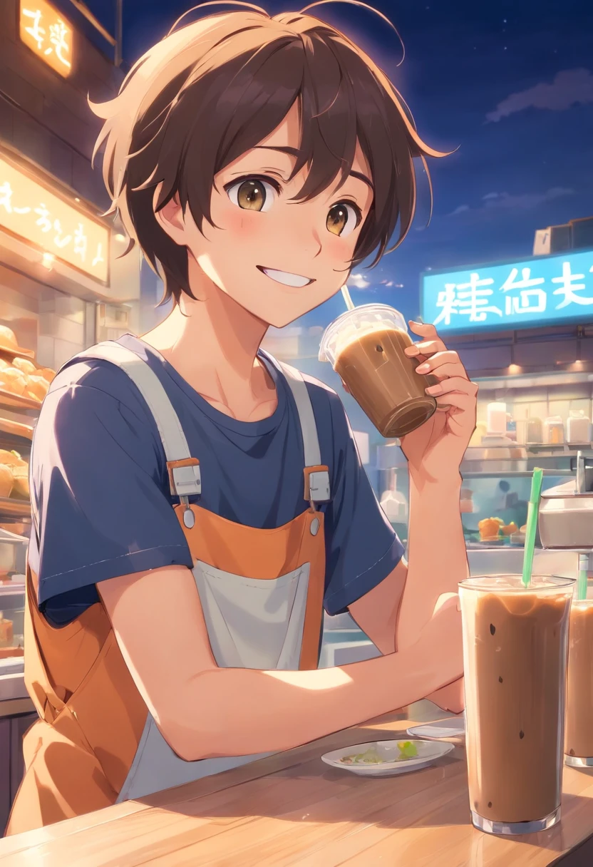 Boy, smile, milk tea, close the eyes, pinafore, batender