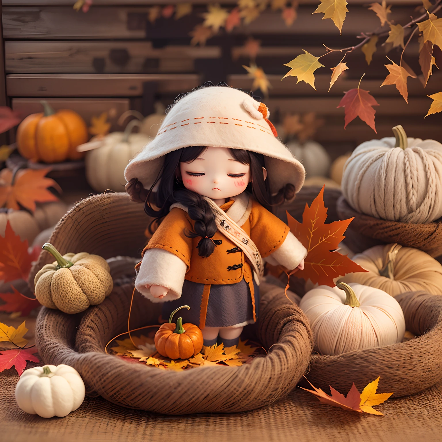 (Thanksgiving landscape depiction, pumpkins,maple leaves,Lodge,Autumn harvest beauty,The cute world of felt:1.4),(1 wool felt doll girl avatar,With his eyes closed,Long hair made of colorful wool felt,Oriental elements),(Chinese illustration:1.3,wool felt art:1.3,wool felt:1.2),(reasonable design,Clear lines,High clarity,The best quality,The is very detailed,tmasterpiece,movie light effect,4K)