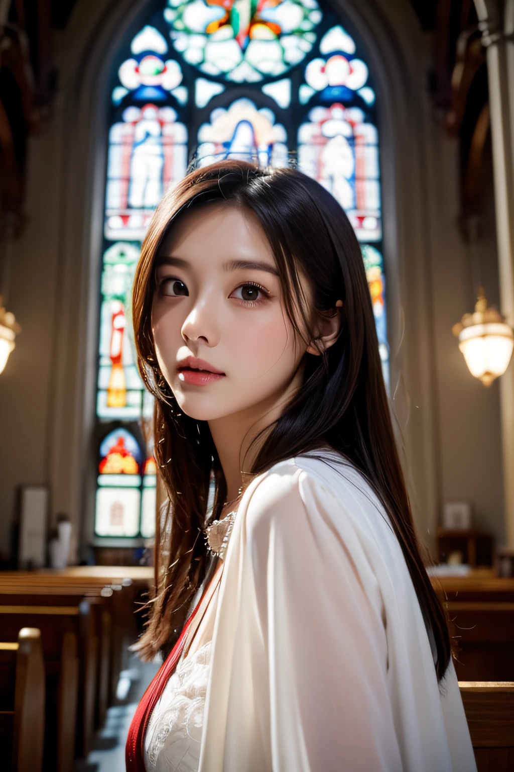 masterpiece、top-quality、ultra-detailliert、Body Portrait、独奏、Cosplay、inside a church、stain glass、doa