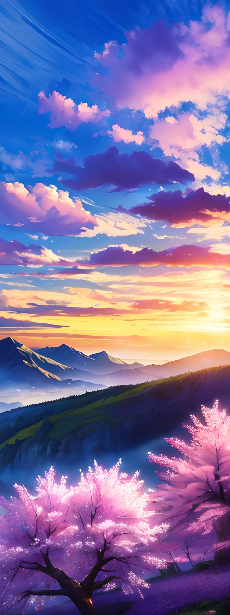 ((Best quality, 8K, Masterpiece: 1.4)),((Amazing detail: 1.3)),((illustration: 1.2)),((Extreme lighting effects: 1.2)),((high resolution: 1.1)),photograph,Reasonable composition,amazing landscape,Delicate clouds,Bright Sunshine,soft light,a sakura tree is located at the bottom of the screen,floating sakura,beautiful color,best shadow,dreamy,mountain background,grassland,