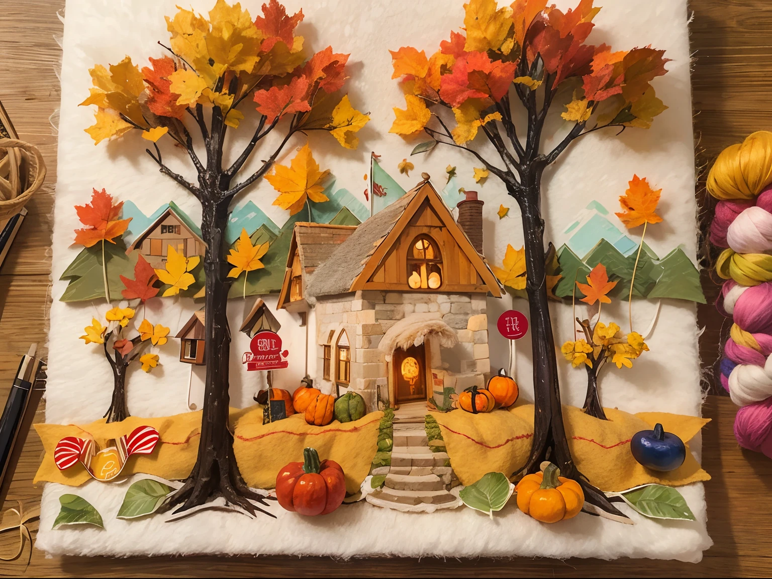 (Thanksgiving landscape depiction, pumpkins,Maple leaves,Lodge,The beauty of the autumn harvest,The cute world of felt:1.4),(Chinese illustration:1.3,wool felt art:1.3,wool felt:1.2),(reasonable design,Clear lines,High clarity,The best quality,The is very detailed,tmasterpiece,movie light effect,4K)