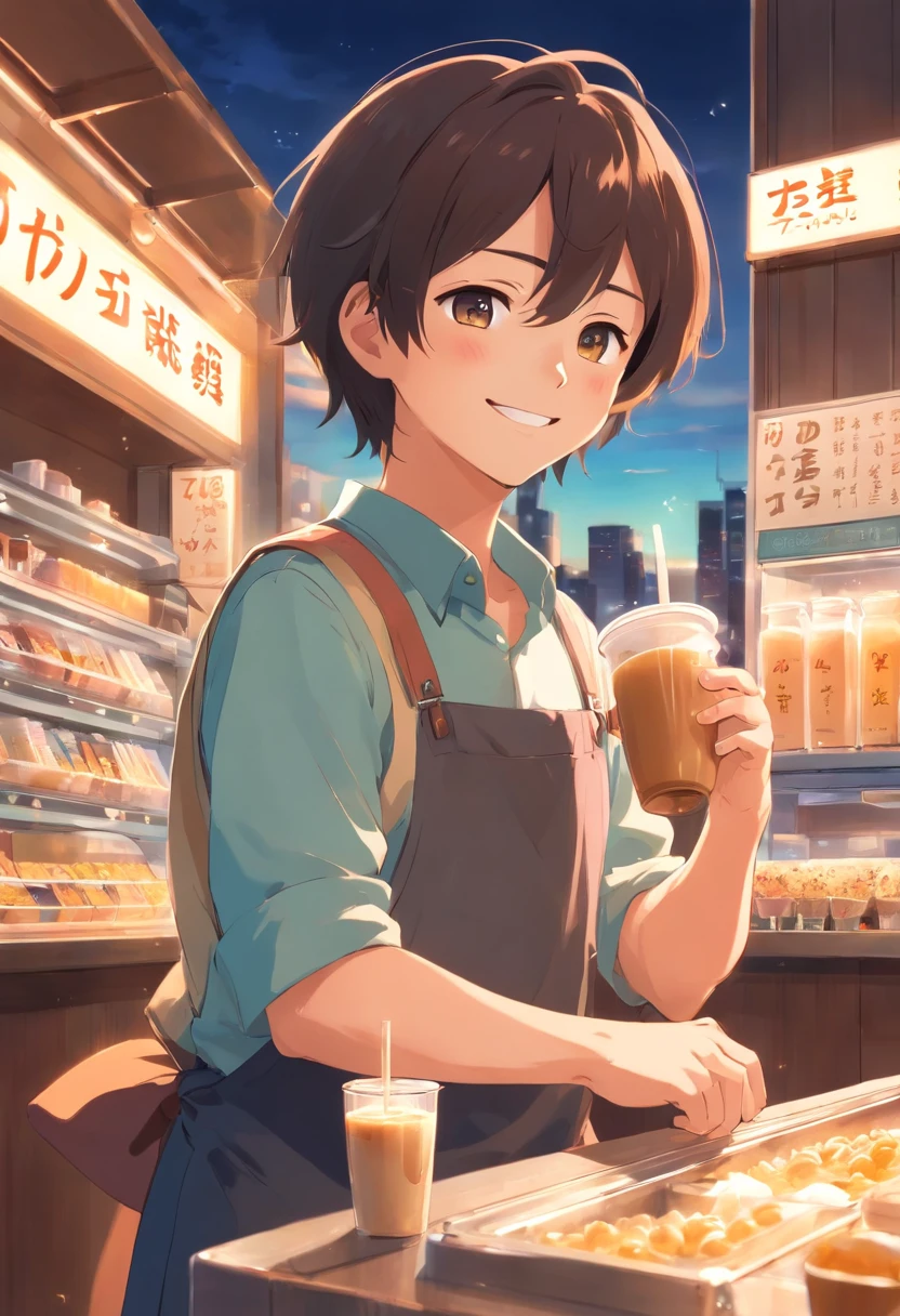 A Boy, smile, milk tea, close the eyes, pinafore, batender