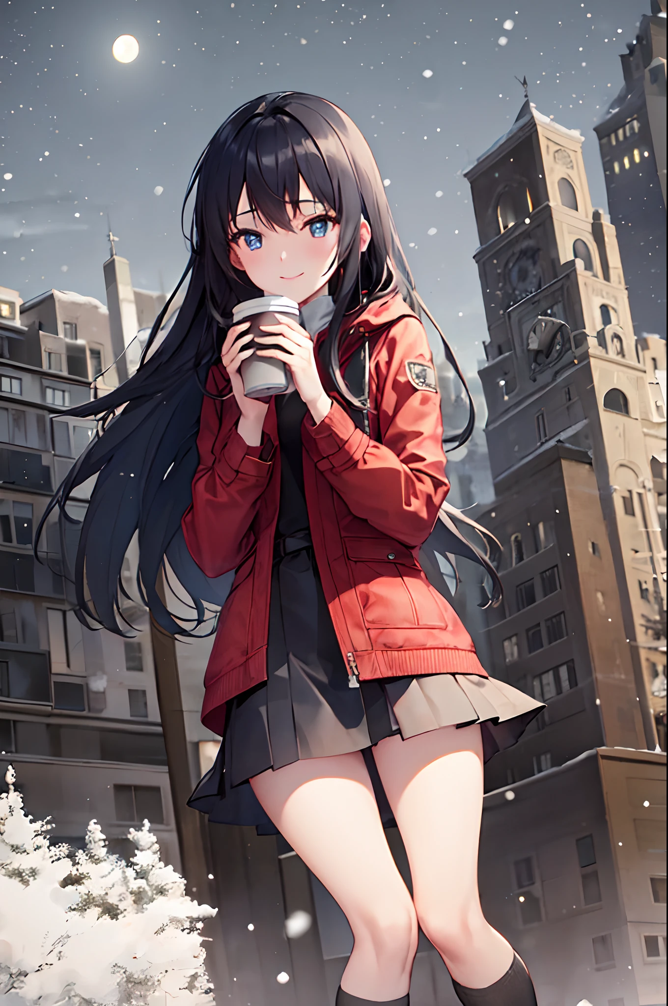 1girl, winter, holding cup of coffee, red jacket, skirt, black pantyhose, ultra detailed, background, black hair, blue eyes, smile, snow, straight hair