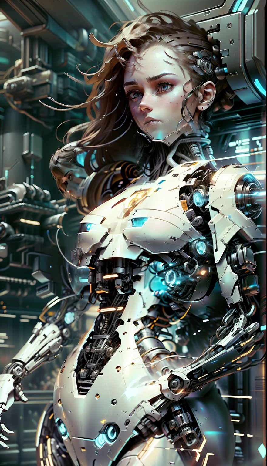 Emma watson, masterpiece,battlebot, robotification, robot body, white skinned,redheadwear , The large, Curves and extra-thick breasts, Being Hard, Perfect body, futuristic outfit, Mechanical prosthesis, Cyberpunk scene high-tech,sci-fy,Beautuful Women,scantily clad,Bigchest,Abs,Mermaid line,Full body like,battle armor,Erotic lingerie,stocklings,nakeness,Do not wear,scantily clad,sexyposture,Sultry