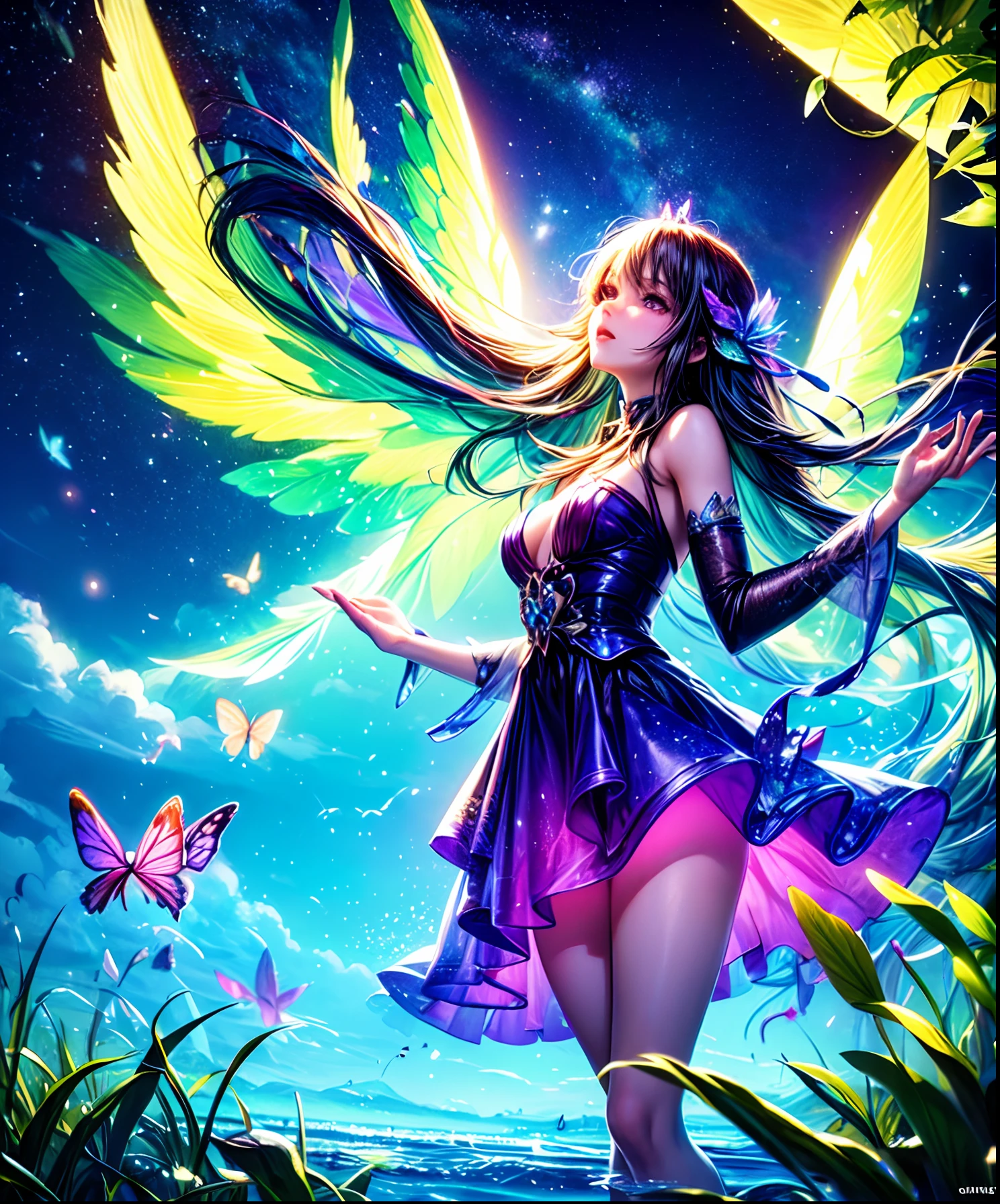 Cute girl characters、green grass々Depicts a butterfly flying over the water, Looking up at the starry sky. Surround her with colorful nebulae and colorful forests.
