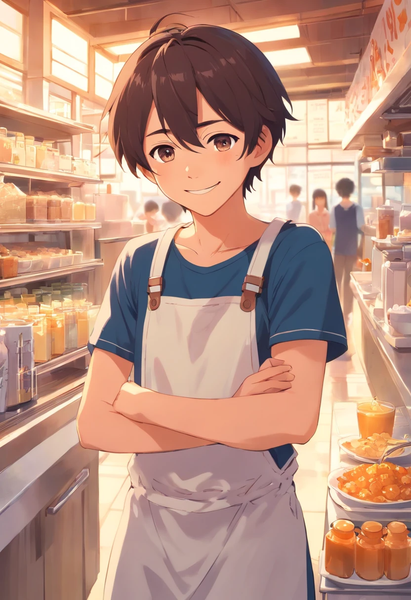 A Boy, batender, smile, milk tea, close the eyes, pinafore