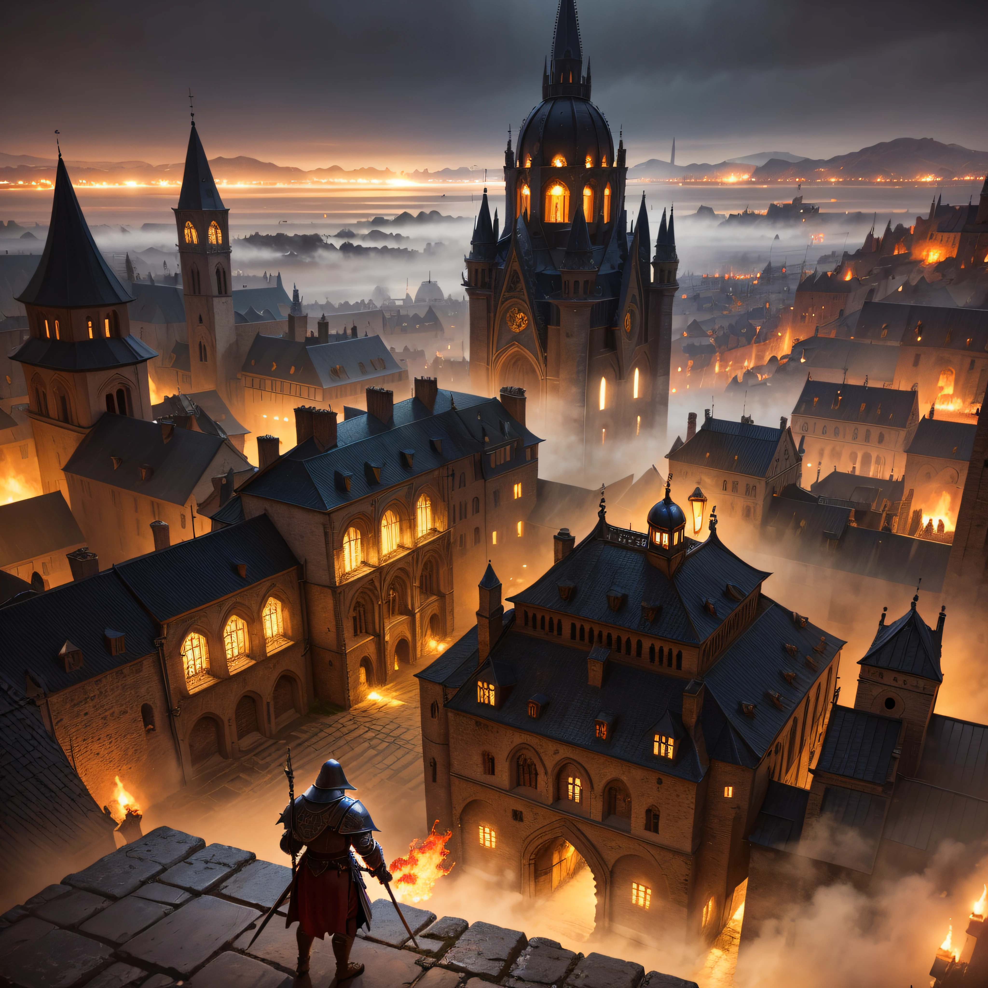 medieval city, dark, battle, epic, war, surrealism, 8k, super detail, war, battle, darkness, rain, night, fighting, torches, war, conflict, medieval city, landscape