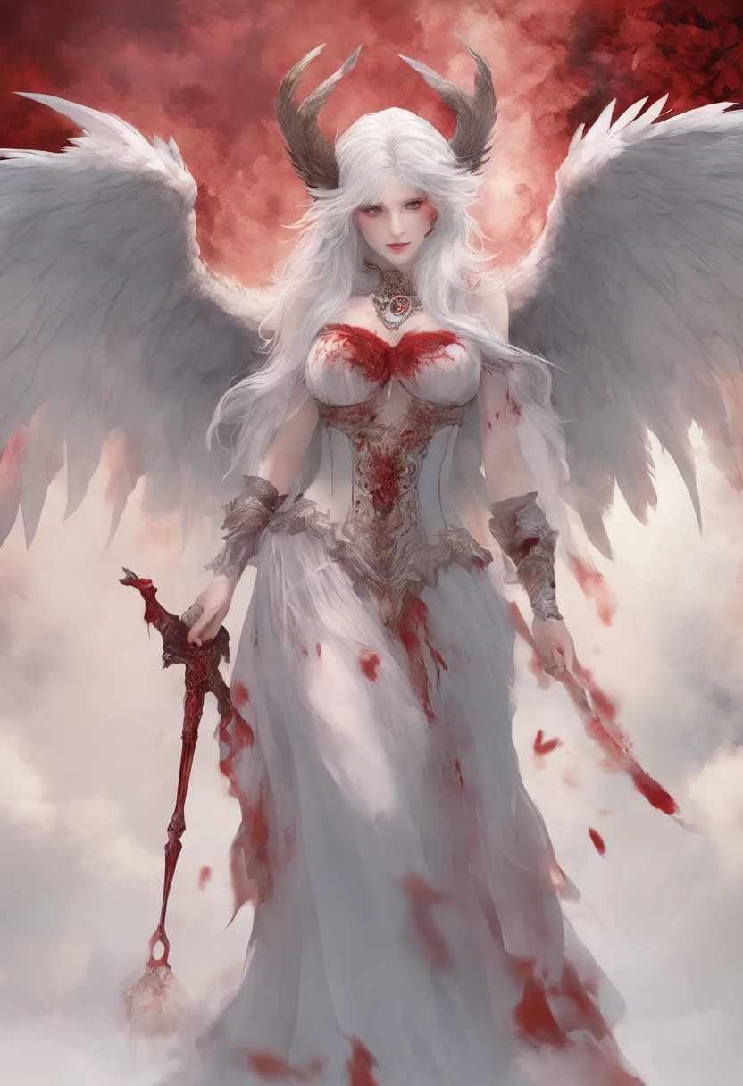 (highres,masterpiece:1.2),ultra-detailed,(realistic,photorealistic,photo-realistic:1.37),bestial winged harpy with claws dripping with blood, snarling fangs, extremely detailed human body, sultry female eyes, seductive red lips, sharp talons, gruesome features, dark atmospheric lighting, horror, macabre beauty, ethereal wings, hauntingly beautiful, intense color scheme