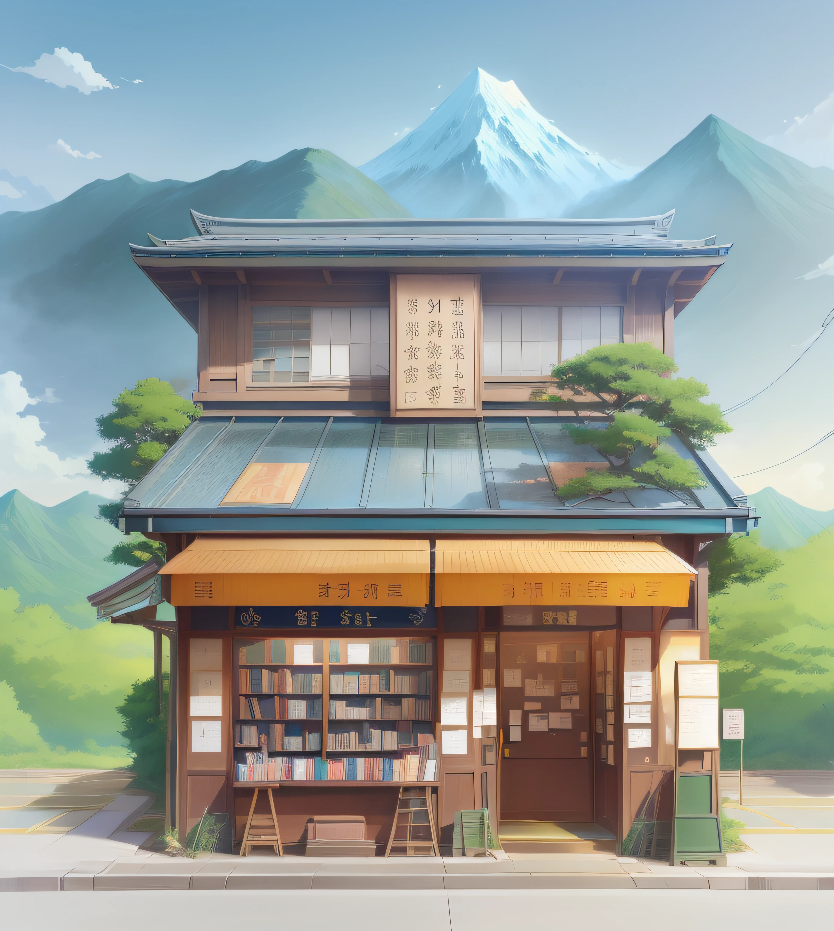 Anime - style bookstore，There is a signboard reading a book in front of the mountain, Anime landscape concept art, Anime background art, Makoto Shinkai's style, library of ruina concept art, ghibli studio anime style, anime backgrounds, traditional japanese concept art, studio glibly makoto shinkai, In Studio Ghibli style, high detailed store, natsume yuujinchou，Q version building,quadratic element,Pure flat wind，