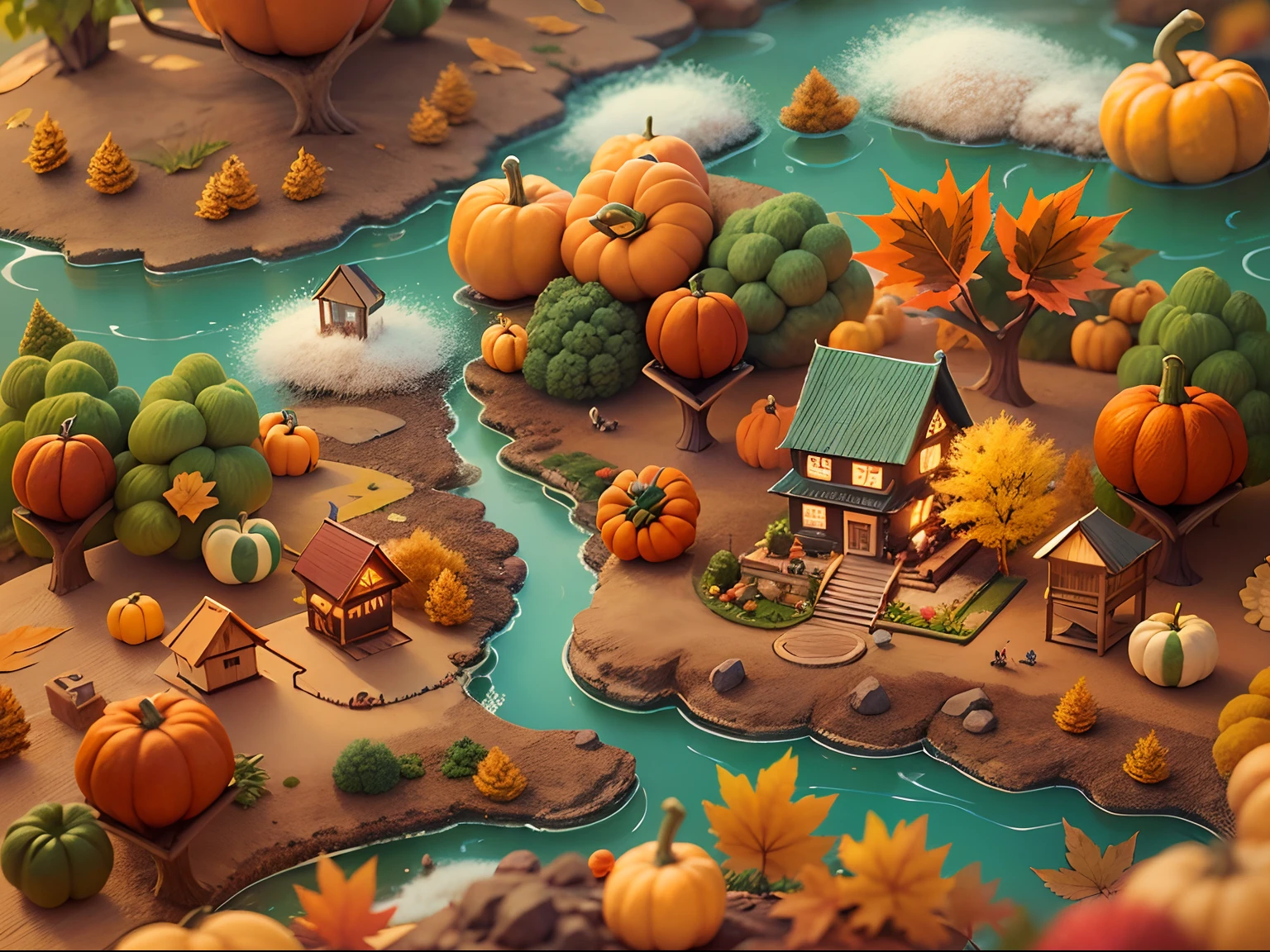 (Thanksgiving landscape depiction, pumpkins,Maple leaves,Lodge,blue-sky,baiyun,The beauty of autumn,The cute world of felt:1.4),(Chinese illustration:1.3,wool felt art:1.3,wool felt:1.2),(reasonable design,Clear lines,High clarity,The best quality,The is very detailed,tmasterpiece,movie light effect,4K)