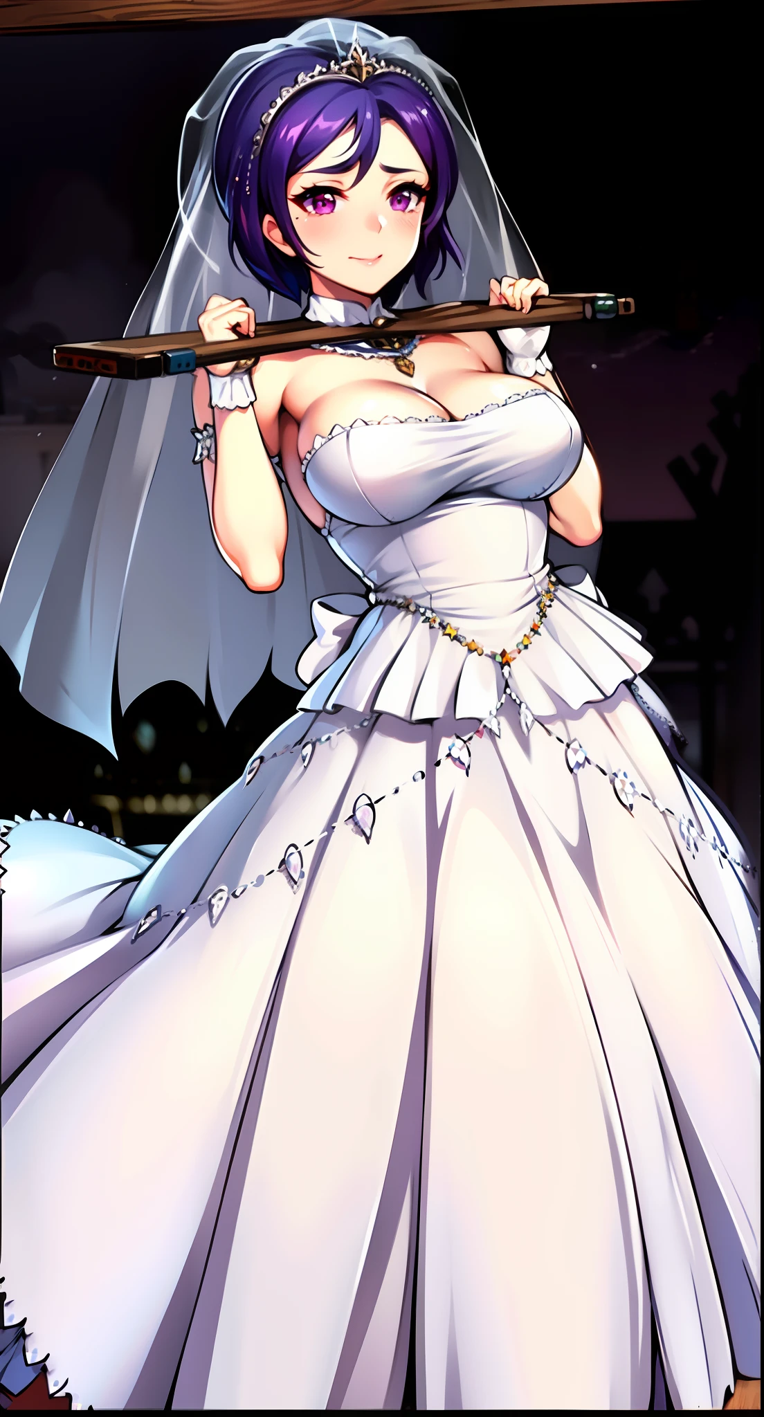 ((Masterpiece)),((Best quality)),Ultra-detailed,illustration,1girll, Purple eyes, Purple hair, hair between eye, Pink eyes, ribbon, suzuna_furuhashi,Nishimin Ninjutsu 4,Close-up of a beautiful bride in a beautiful wedding dress, Gurvetz,（pillory：1.5）, （Flail：1.2）,  Flail on the head, Flail on the hands,Full body photo,  Whole body, (Bridal veil: 1.5), (Short transparent veil: 1.5), Flushed face, Head flower, head gear, Very detailed princess wedding dress,(Tubular wedding dress: 1.5), (Silk dress: 1.2 ), (Strapless wedding dress: 1.5), （and floor-length skirts：1.2）, Pure white dress,a white long skirt, necklace, Earrings, (Huge breasts: 1.3), Deep V heart collar wedding dress, bangs, lipstick, (Lace gloves: 1.3),  High detail RAW color art,
