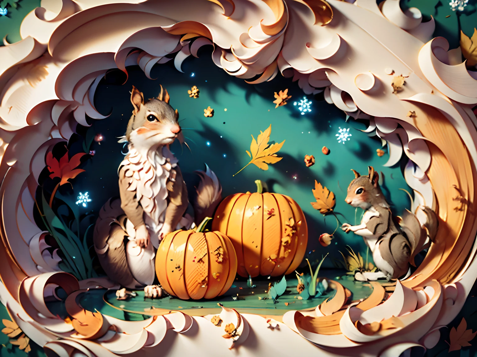 （Thanksgiving landscape depiction, pumpkins，Maple leaves，Lodge，blue-sky，baiyun，The beauty of autumn),(squirrels:1.5),(paper art, Quilted paper art:1.2, geomerty:1.1, zentangle,a 3D render), （tmasterpiece：1,2），best qualityer，extremely detailed CG  8k wallpaper，best qualityer，A high resolution，Original，extremelydetailedwallpaper，