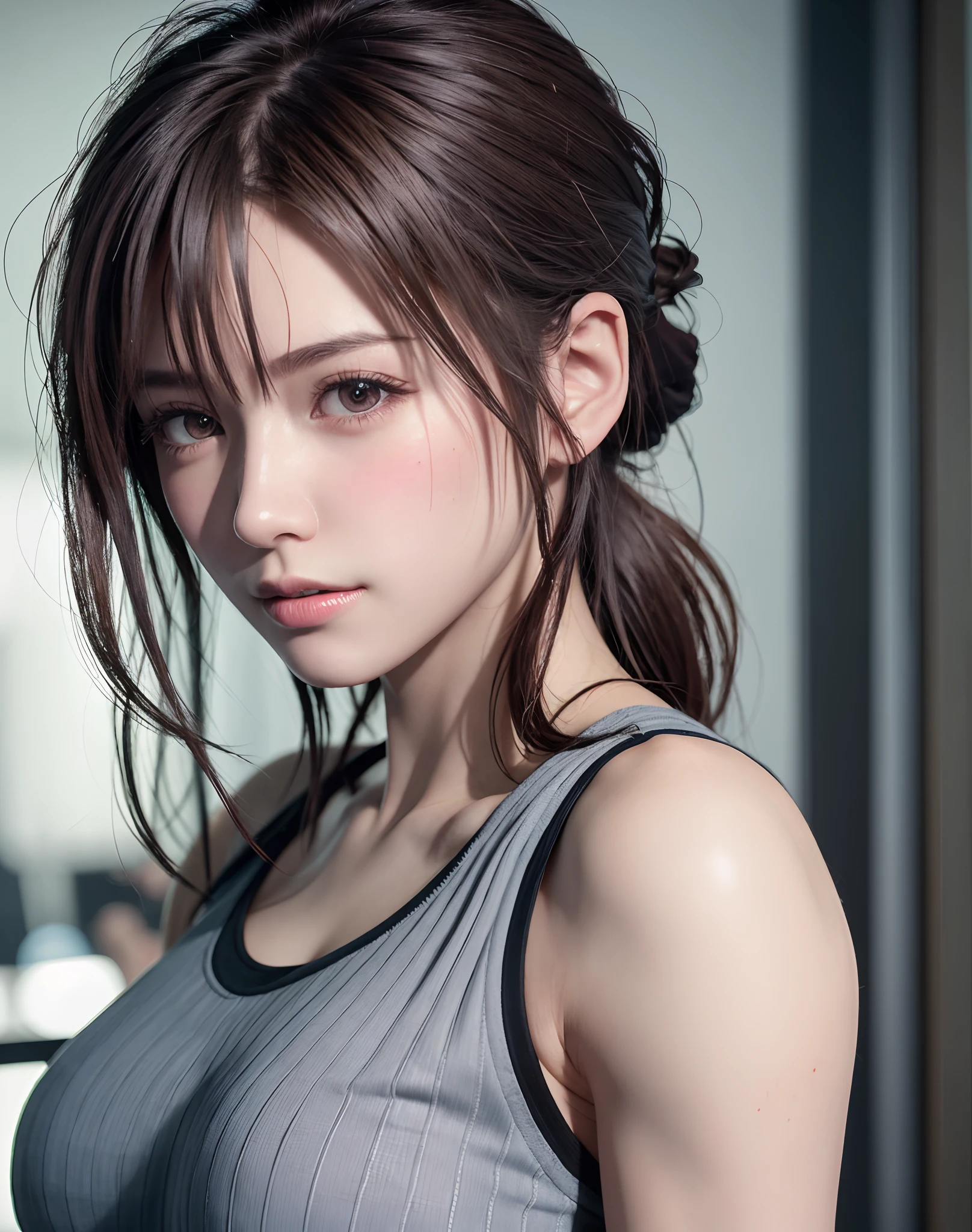 8K, of the highest quality, masutepiece:1.2), (Realistic, Photorealsitic:1.37), of the highest quality, masutepiece, Beautiful young woman, Pensive expression, Gentle eyes, sexy camisole、Hair tied back, Messy mood, Cinematic background, Light skin tone