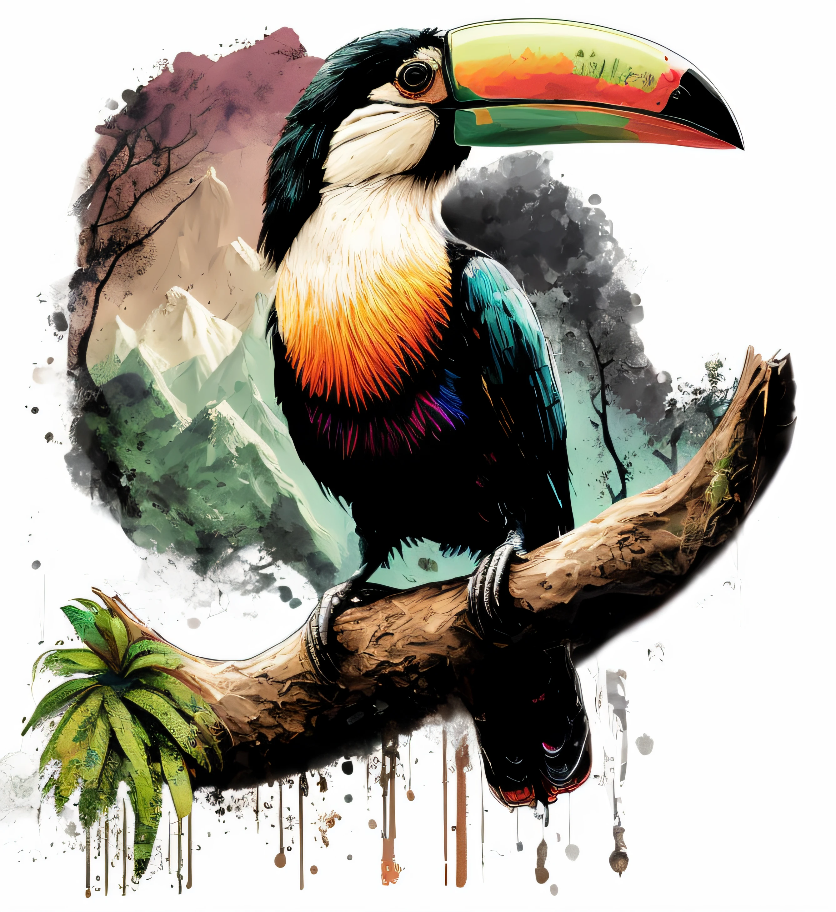 There is a colorful bird sitting on a branch with a mountain in the background, Tucano, Arte de Alessandro Pautasso, pintura bonita de um alto, 6 bicos tucanos, cheio de cores e detalhes ricos, pintura digital altamente detalhada, Highly detailed illustration, rare bird in the jungle, colorful bird with a long, aves tropicais, full-colour illustration