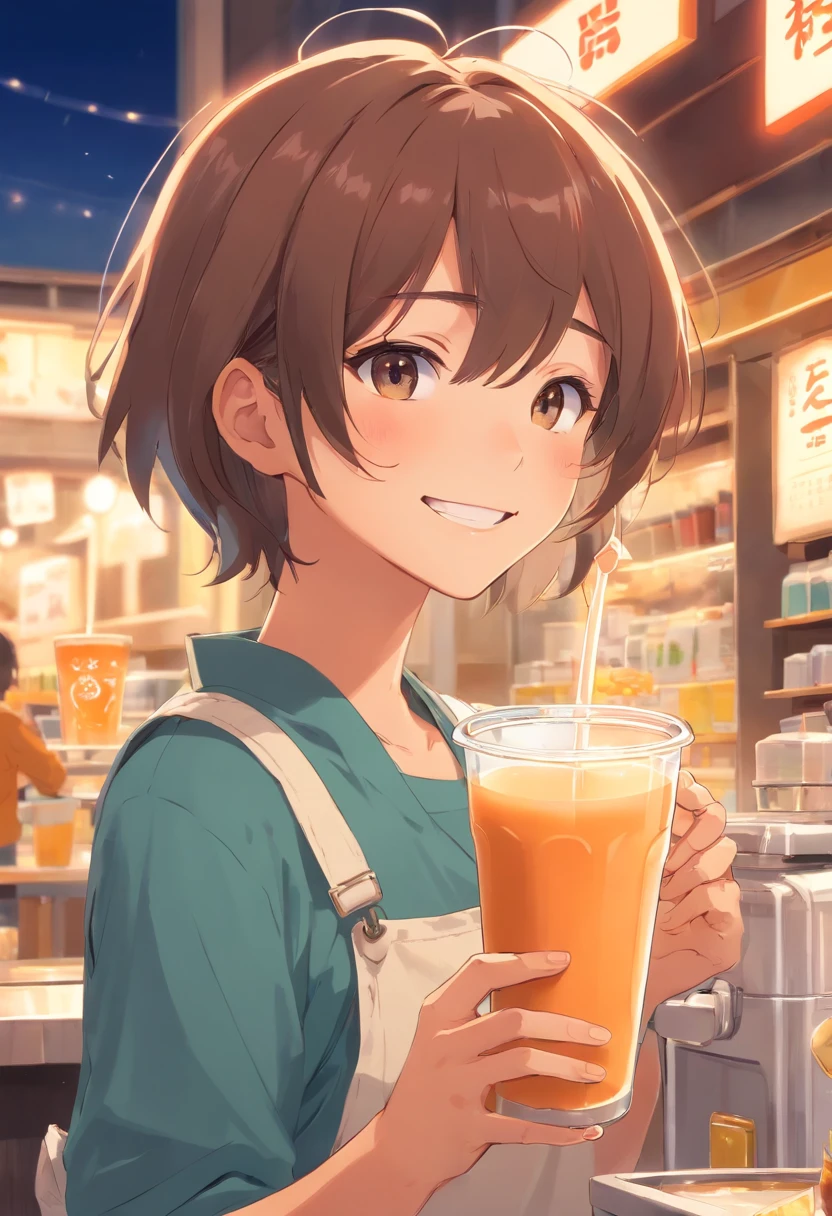 A Boy, drinks, batender, smile, milk tea, close the eyes, pinafore