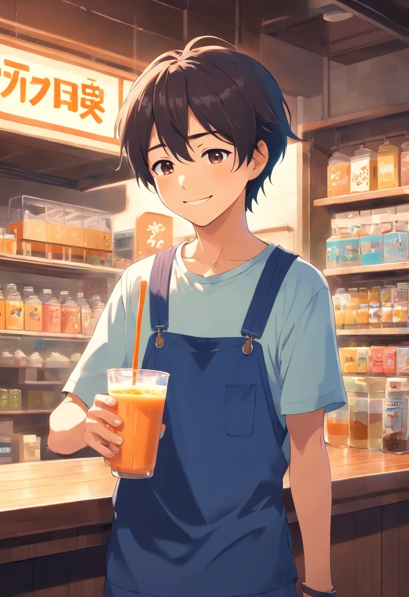A Boy, drinks, batender, smile, milk tea, close the eyes, pinafore