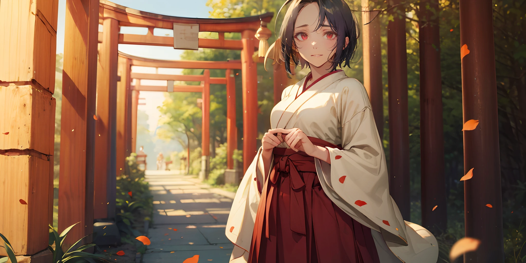 (ahoge, short hair, black hair:1.6), forehead, red eyes, 1girl, petals, 1girl, japanese_clothes, solo, hakama, miko, red_hakama, torii, wide_sleeves, outdoors, looking_at_viewer, standing,  breasts, parted_bangs, bell, long_sleeves, kimono, tree, shrine, jingle_bell, day, glow effects, godrays, Hand drawn, render, 8k, octane render, cinema 4d, blender, dark, atmospheric 4k ultra detailed, cinematic, Sharp focus, big depth of field, Masterpiece, colors, 3d octane render, 4k, concept art, trending on artstation, hyperrealistic, Vivid colors, extremely detailed CG unity 8k wallpaper, trending on CGSociety, Intricate, High Detail, dramatic, glowing eye, (heavy breathing:1.5)