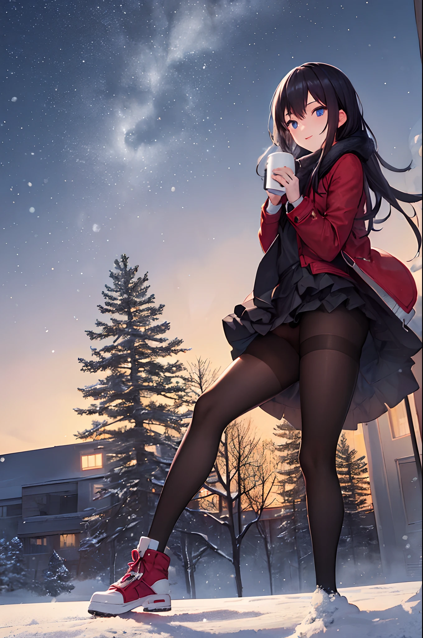 1girl, winter, Holding a cup of coffee in your hands, red jacket, Upskirt, black tights, Ultra Detailed, Background, black hair, blue eyes, Smile, snowing, straight hair, detailed legs, octans, skye, Star(skye), scenery, Starry sky, night time, night sky, exteriors, building, Cloud, the Milky Way, sitting, a tree, City, silhouette, urban landscape, moon light