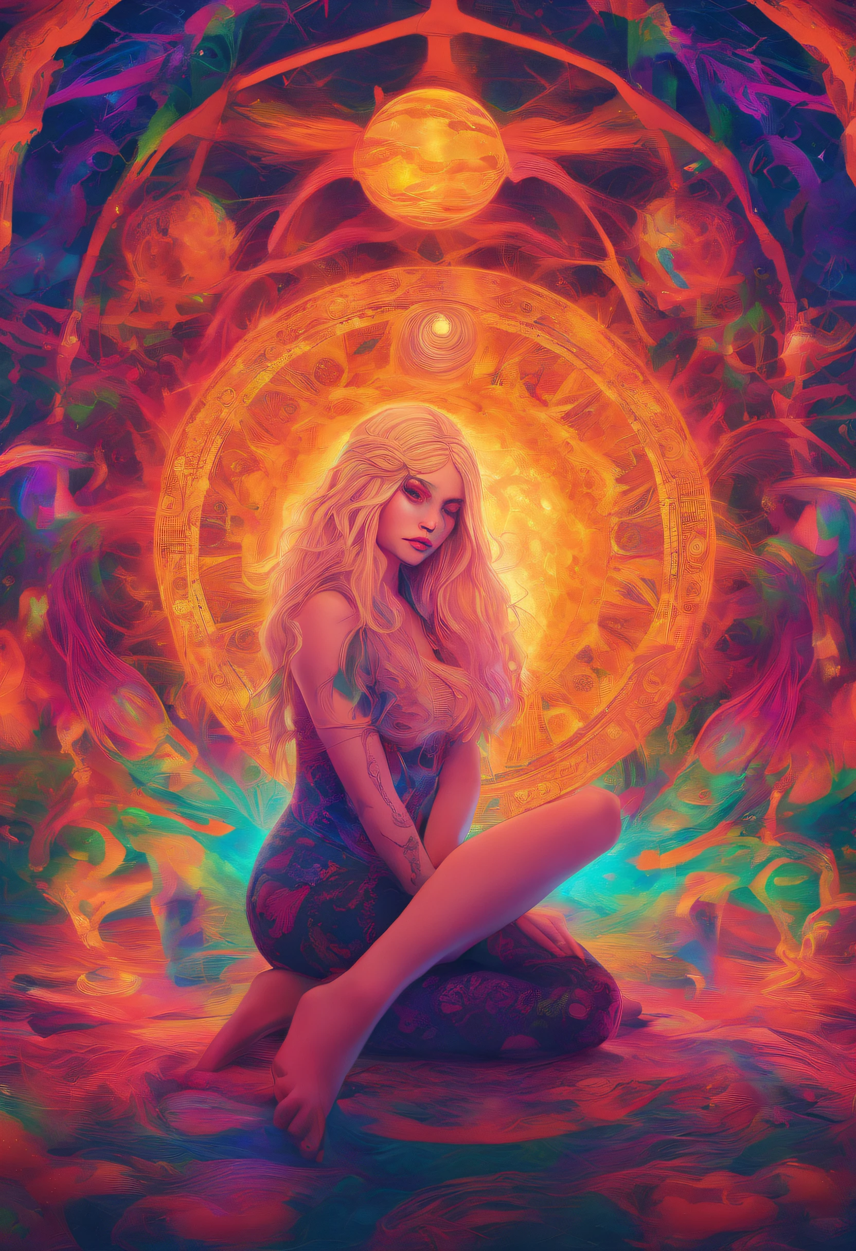 hyper realistic image of a beautiful 24 year old witch with blonde long braided hair, sitting in a huge dark gothic room, wearing a corset black bikini, holding a glowing neon orb, far view full screen image