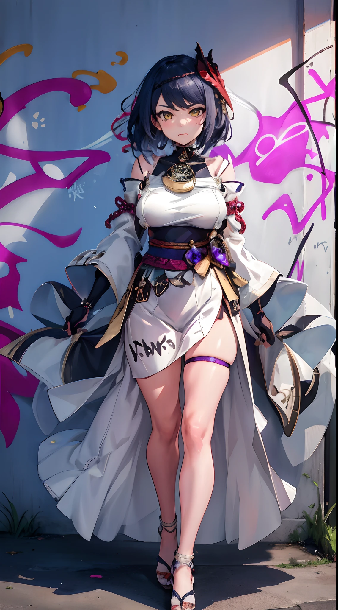 Kujou Sara| genshin impact, master-piece, bestquality, 1girls,25 years old, proportional body, proportional., Wedding Dresses, White Wedding Dress, wedding,Long skirt, mediuml breasts, ,bara, choker, (Graffiti:1.5), Splash with purple lightning pattern., arm behind back, against wall, View viewers from the front., Thigh strap, Head tilt, bored, 10, 10, HD,