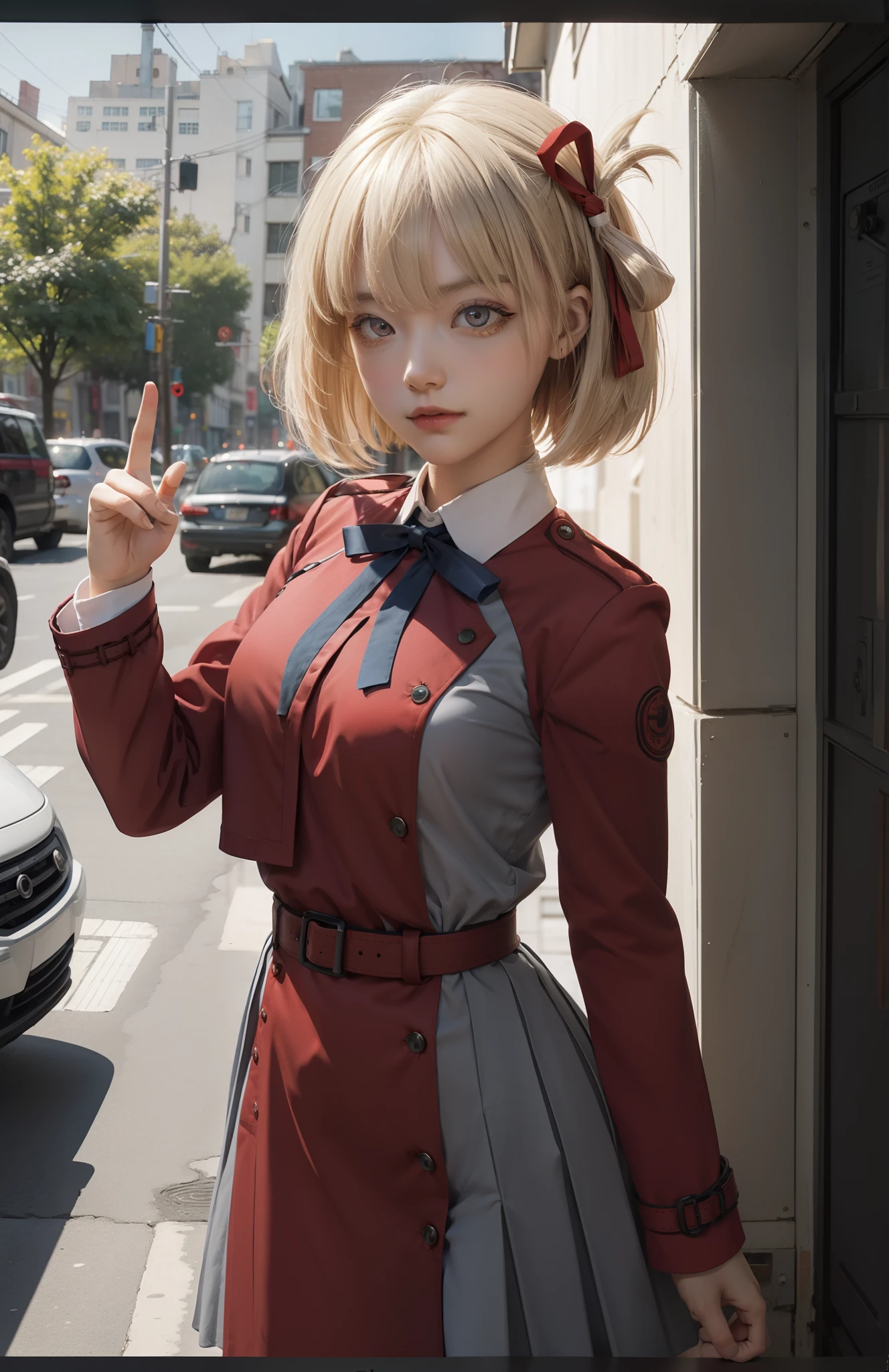 chisatonishikigi, nishikigi chisato, short hair, bangs, blonde hair, (red eyes:1.5), hair ribbon, one side up, bob cut,
BREAK shirt, long sleeves, dress, ribbon, white shirt, collared shirt, belt, neck ribbon, red dress, blue ribbon, pleated dress, grey dress, two-tone dress, red belt, lycoris uniform,,
BREAK outdoors, city,
BREAK looking at viewer, BREAK (masterpiece:1.2), best quality, high resolution, unity 8k wallpaper, (illustration:0.8), (beautiful detailed eyes:1.6), extremely detailed face, perfect lighting, extremely detailed CG, (perfect hands, perfect anatomy),