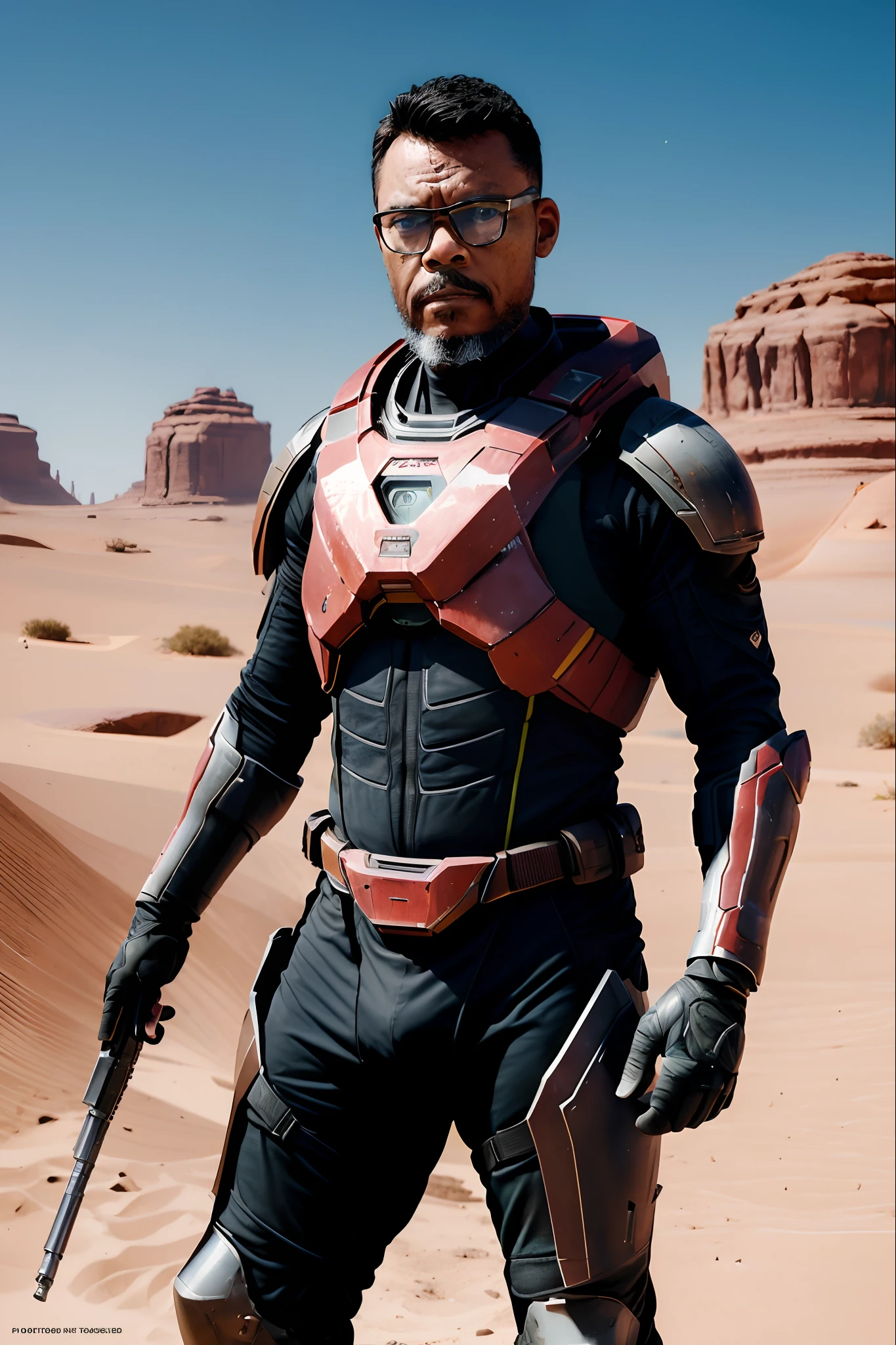 guttoepic2, "Create an illustration for a magazine cover featuring a man wearing glasses, dressed in the armor of the 'Halo' video game character, without the helmet. He is posing for the photograph, confidently holding his laser weapon. The scene is set in the Martian desert, bathed in a reddish hue, with a deep depth of field. Generate an image with the utmost realism, paying extreme attention to the character's intricate details."