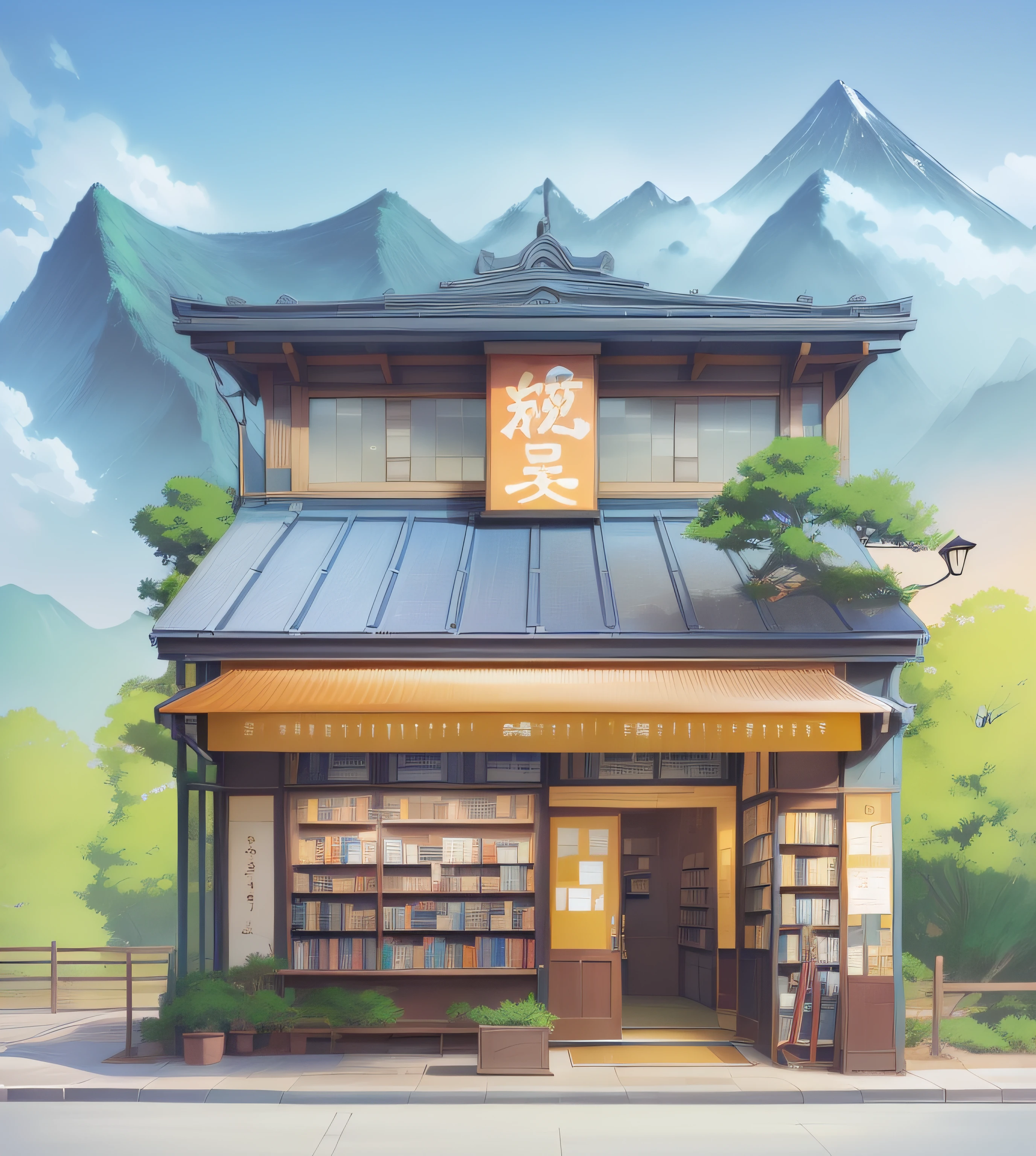 Anime - style bookstore,There is a signboard reading a book in front of the mountain, Anime landscape concept art, Anime background art, Makoto Shinkai's style, library of ruina concept art, ghibli studio anime style, anime backgrounds, traditional japanese concept art, studio glibly makoto shinkai, In Studio Ghibli style, high detailed store, natsume yuujinchou,Q version building,quadratic element,Pure flat wind,