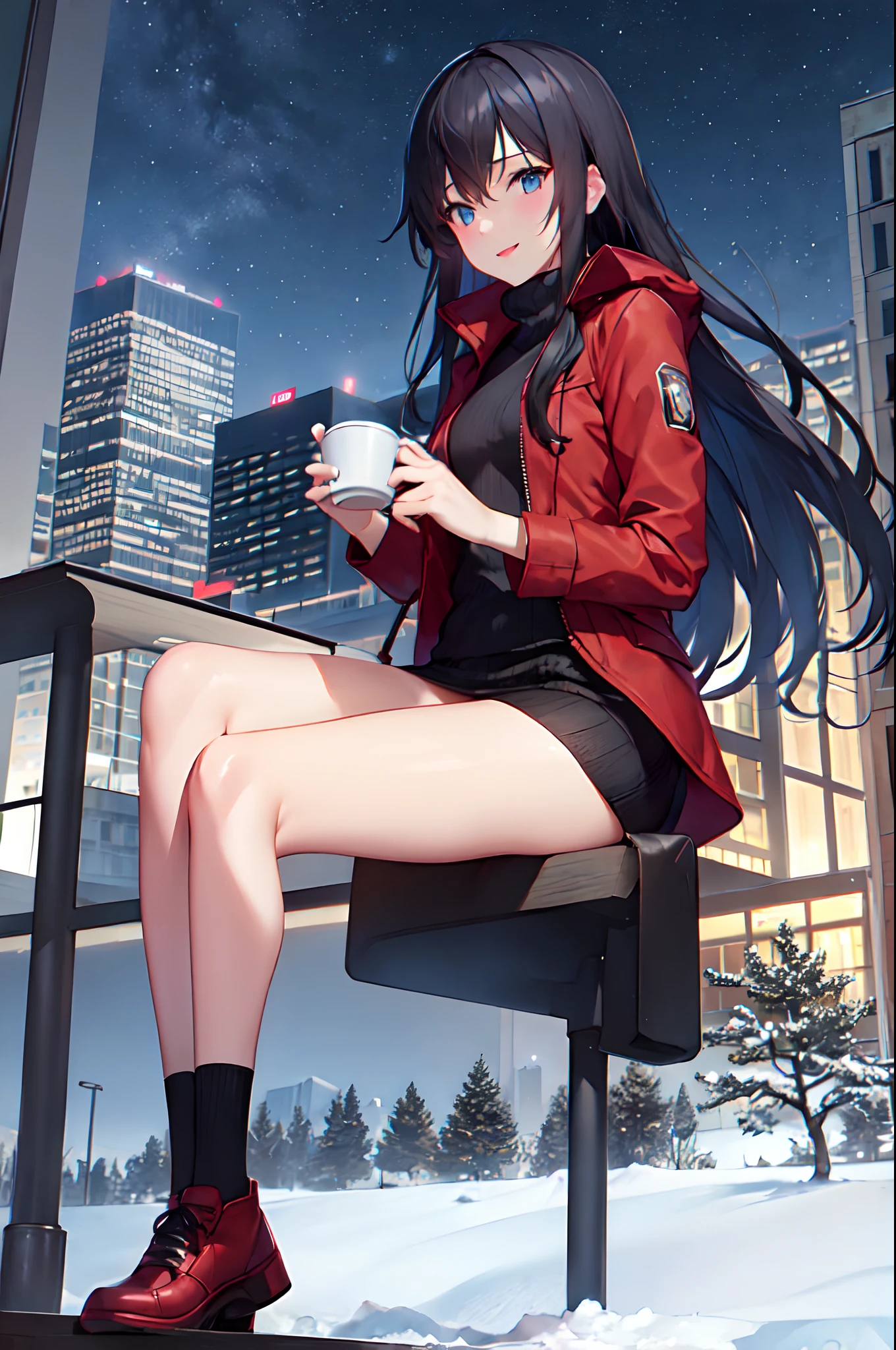 1girl, winter, Holding a cup of coffee in your hands, red jacket, Upskirt, black tights, Ultra Detailed, Background, black hair, blue eyes, Smile, snowing, straight hair, detailed legs, octans, skye, Star(skye), scenery, Starry sky, night time, night  sky, exteriors, building, Cloud, the Milky Way, sitting, a tree, City, silhouette, urban landscape, moon light