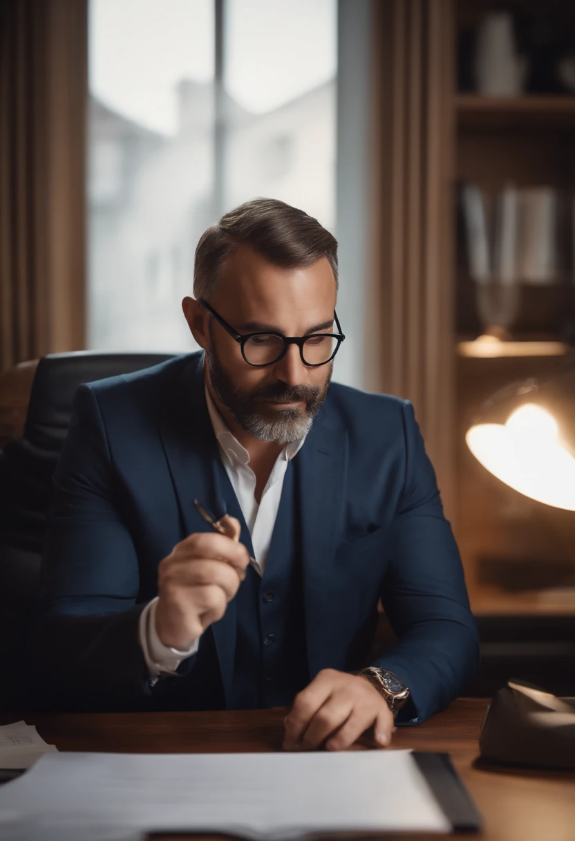 Real estate agent drafting a contract in his office, brun avec des lunette, light facial hair
