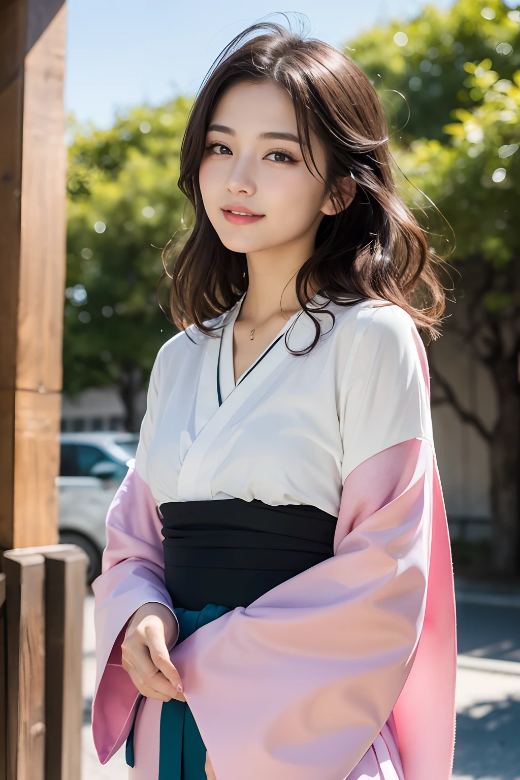 (8K,Raw photo、Raw photo、top-quality、Master masterpiece:1.2)、ultra-detailliert、Super Resolution、(Photorealsitic:1.3)、Angle to shoot from the front、Clearly draw shades of light、high resolution RAW color photos、professional photograpy、Same skin type as humans、Female proofreading of Japan from head to waist、Blur the background、Draws faithfully to anatomy、cafes、Very detailed and beautiful、Ultra-high image quality、long、Hair swaying and sexy、Very detailed beautiful girl、（Pink Eye Shadow）、smil、The upper part of the body、shrines、Loosely curly hair、kimono