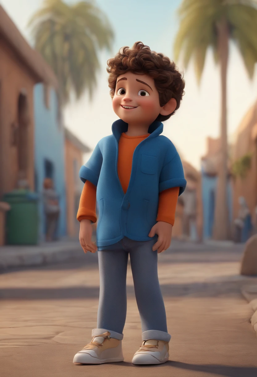 a handsome happy boy standing, cabelo curto, vestindo uma roupa azul, , fundo branco, barnet, Tom, Estilo Pixar, ....3d, desenhos animados, rosto detalhado, asymmetrical 16k