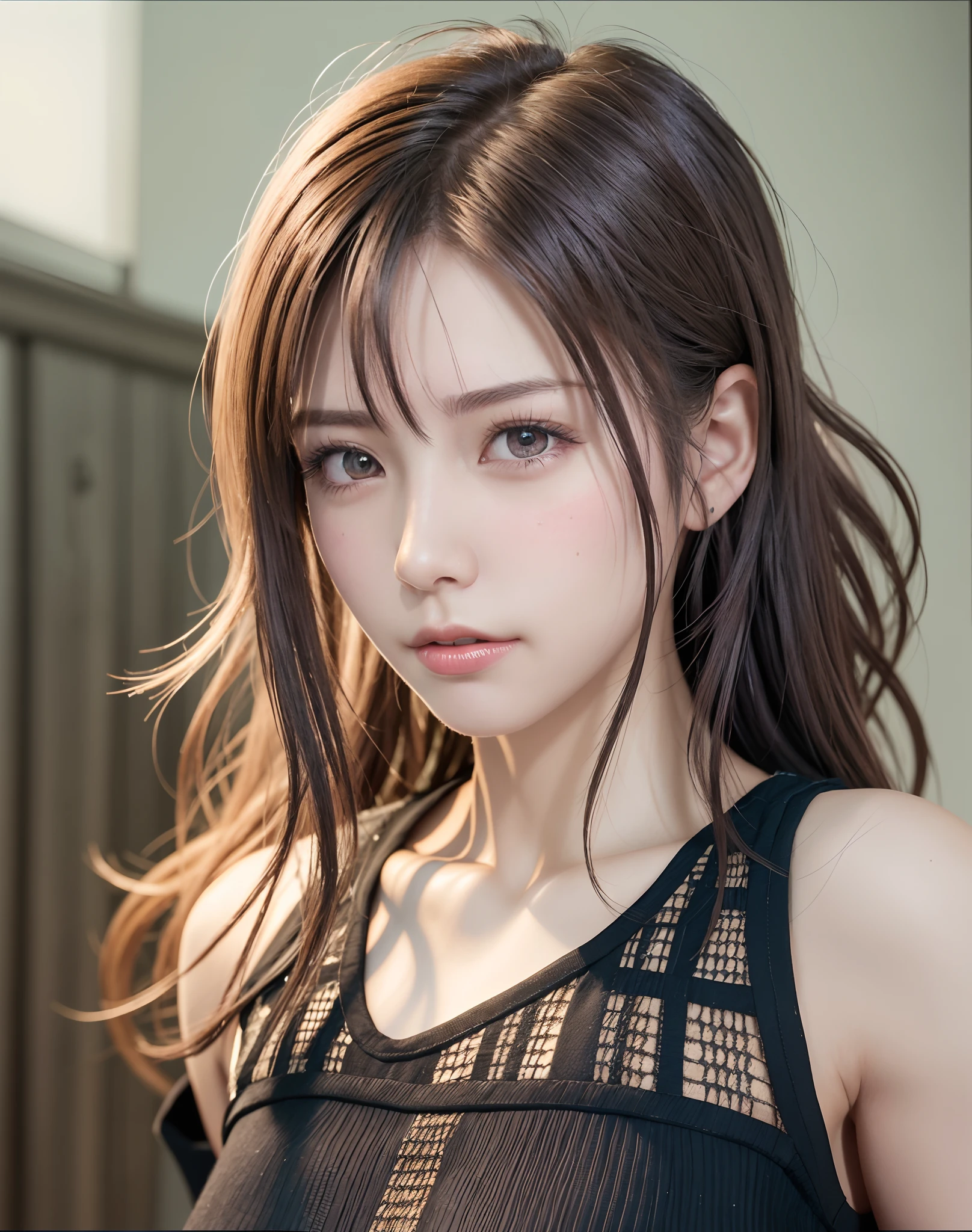 high quality picture, masutepiece, detailed hair texture, Detailed skin texture, Detailed Cloth Texture, 8K, Add fabric details, ultra detailed skin texture, ultra detailed photographic, Skin pores, Portrait of a girl, wearing tank top,