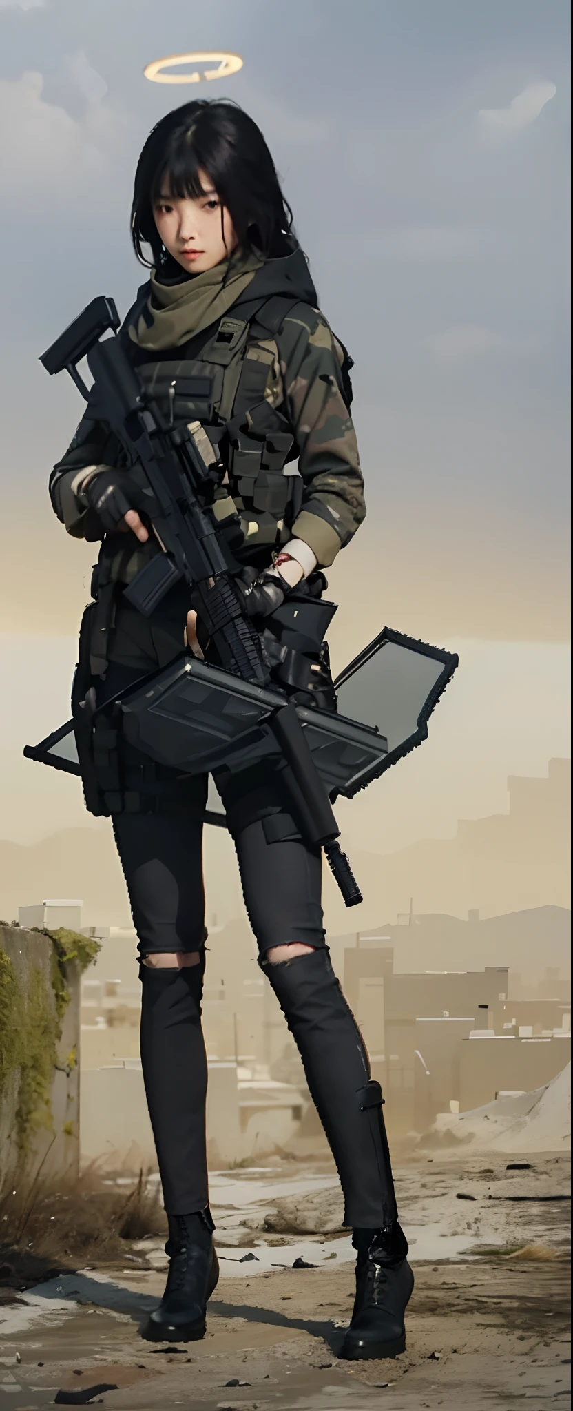 Highest image quality, outstanding details, ultra-high resolution, (realism: 1.4), the best illustration, favor details, highly condensed 1girl, with a delicate and beautiful face, ((cowboy shot)), (wearing black nylon racing suit likes police uniform, black and gray mecha, wearing a night-vision goggle, military harness, holding a machinegun or bring a machinegun, "SST"), simple background gey