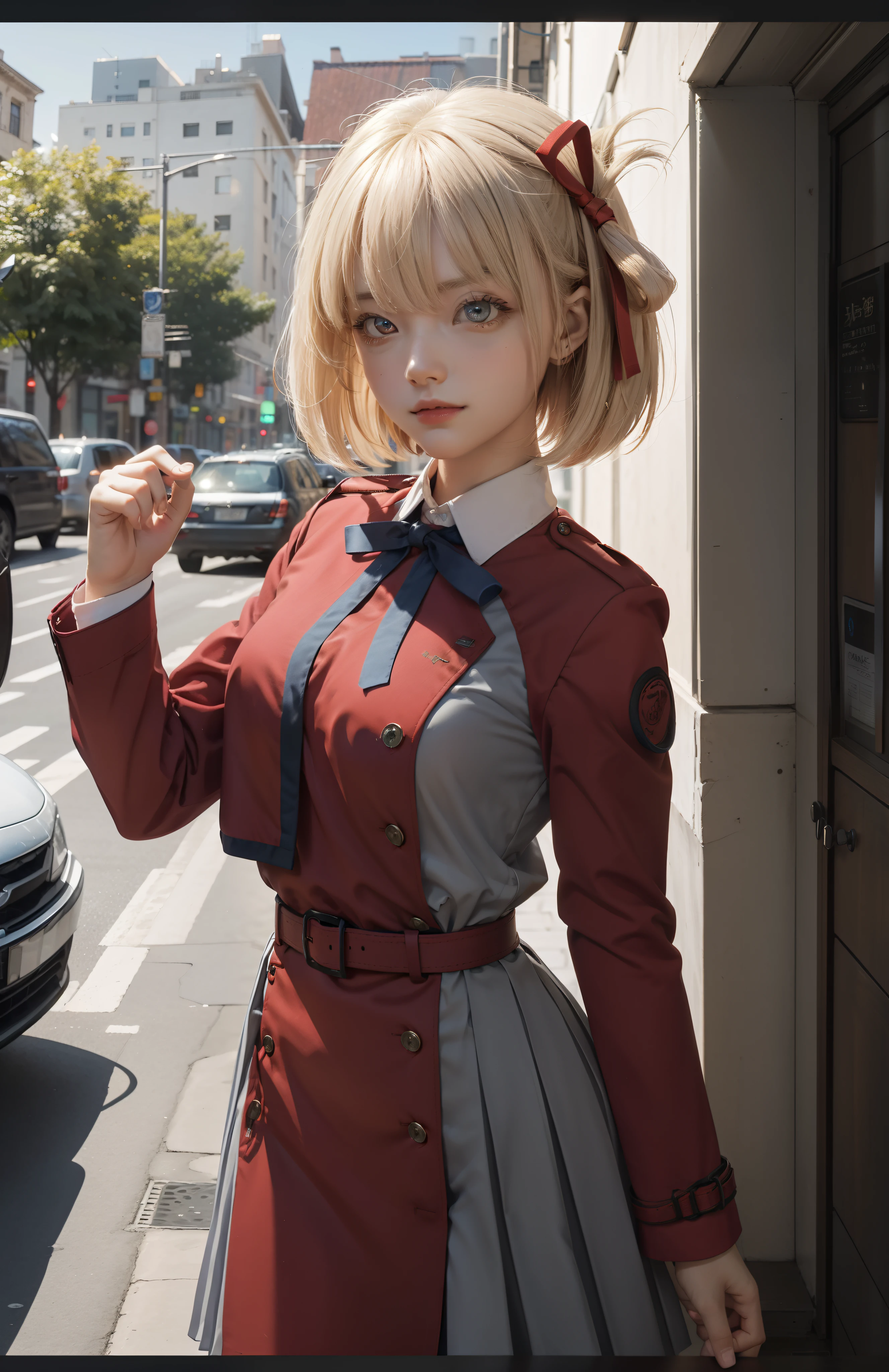 chisatonishikigi, nishikigi chisato, short hair, bangs, blonde hair, (red eyes:1.5), hair ribbon, one side up, bob cut,
BREAK shirt, long sleeves, dress, ribbon, white shirt, collared shirt, belt, neck ribbon, red dress, blue ribbon, pleated dress, grey dress, two-tone dress, red belt, lycoris uniform,,
BREAK outdoors, city,
BREAK looking at viewer, BREAK (masterpiece:1.2), best quality, high resolution, unity 8k wallpaper, (illustration:0.8), (beautiful detailed eyes:1.6), extremely detailed face, perfect lighting, extremely detailed CG, (perfect hands, perfect anatomy),